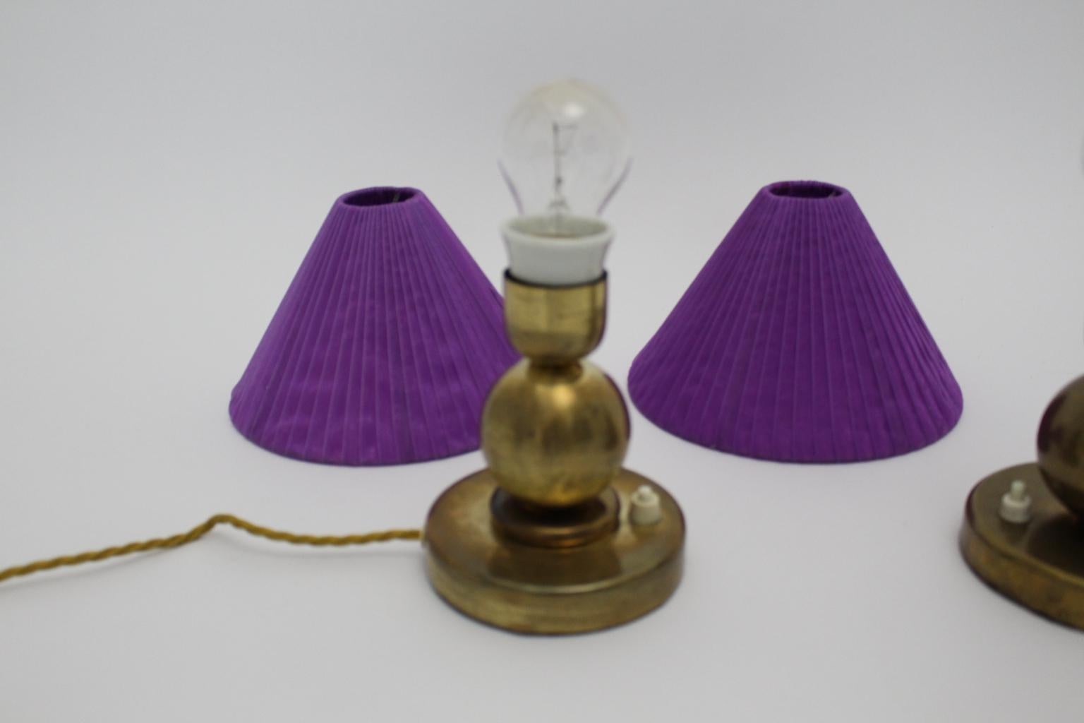 Art Deco Brass Vintage Table Lamps with Lilac Lamp Shade 1930s, France 2