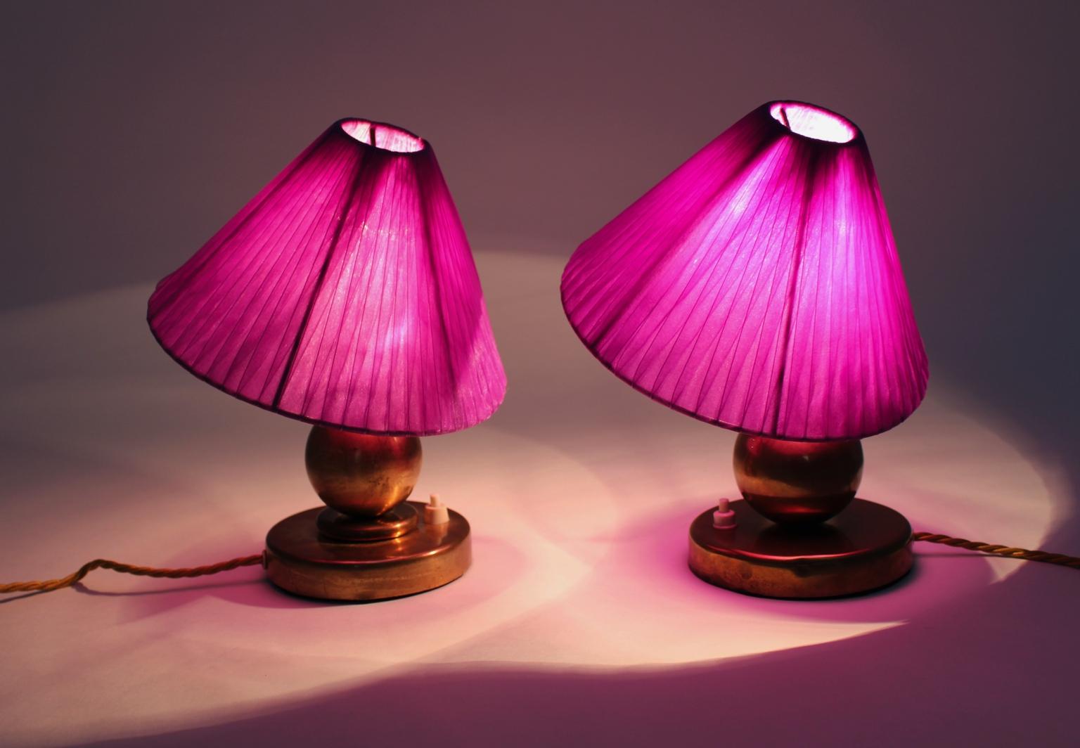 French Art Deco Brass Vintage Table Lamps with Lilac Lamp Shade 1930s, France