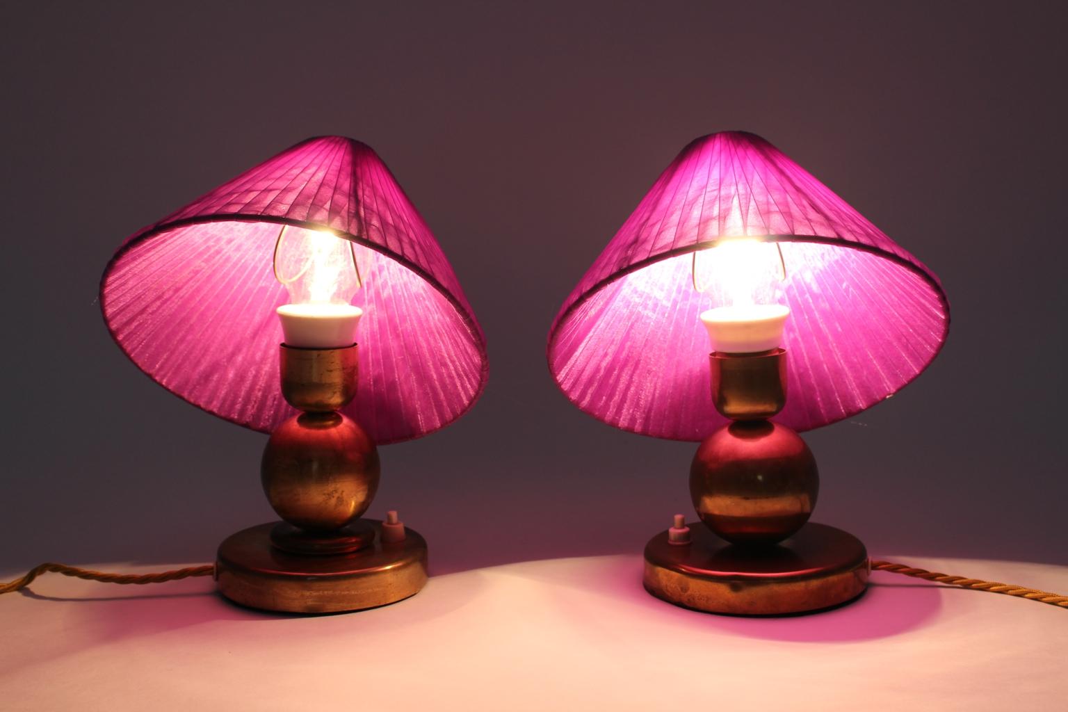 Art Deco Brass Vintage Table Lamps with Lilac Lamp Shade 1930s, France In Good Condition In Vienna, AT