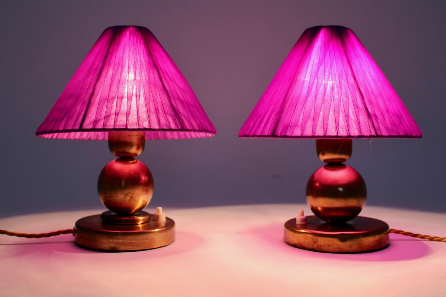Mid-20th Century Art Deco Brass Vintage Table Lamps with Lilac Lamp Shade 1930s, France