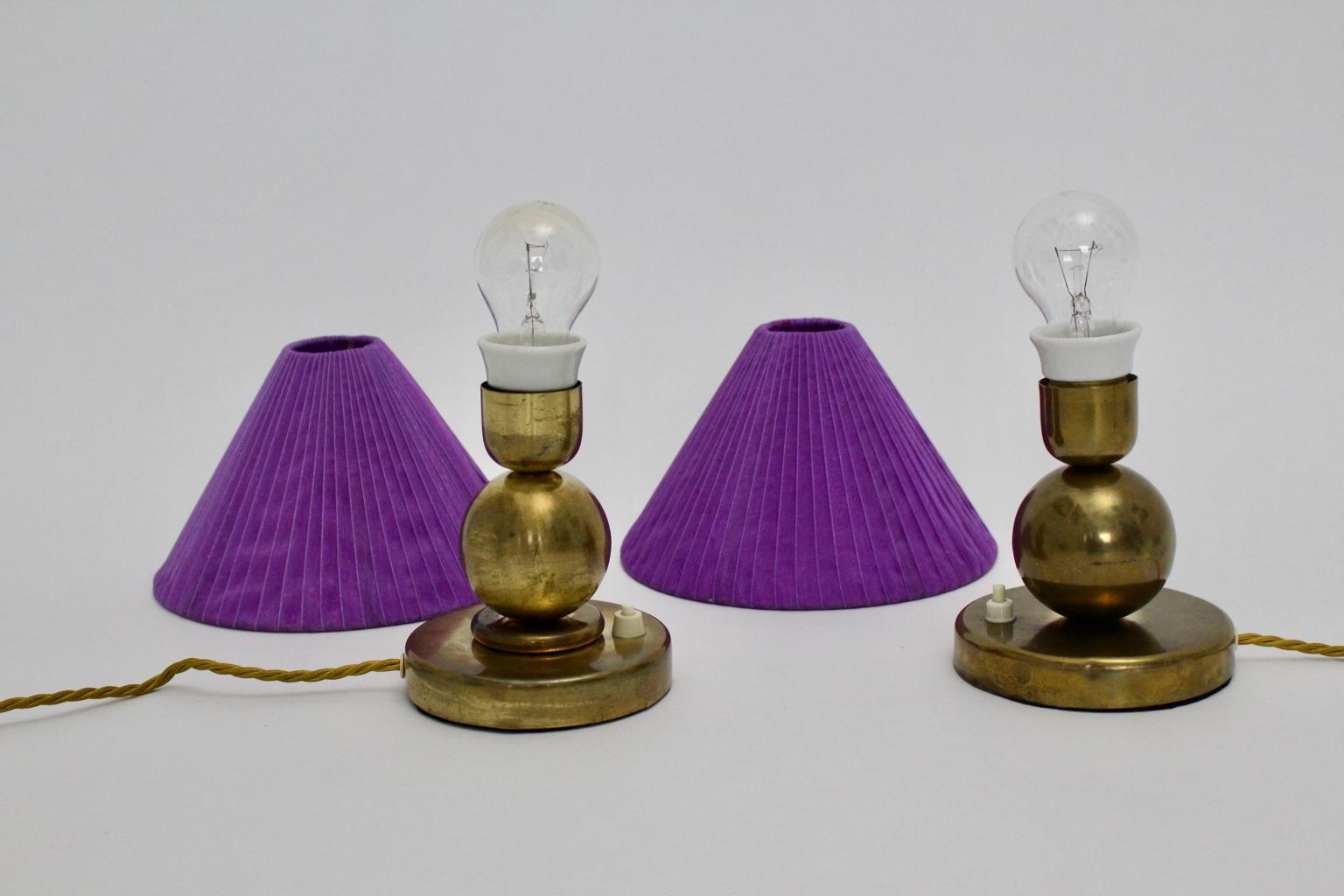 Metal Art Deco Brass Vintage Table Lamps with Lilac Lamp Shade 1930s, France