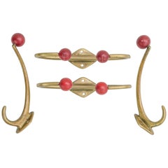 Art Deco Brass Wall Hooks with Red Painted Wood Balls, circa 1930s