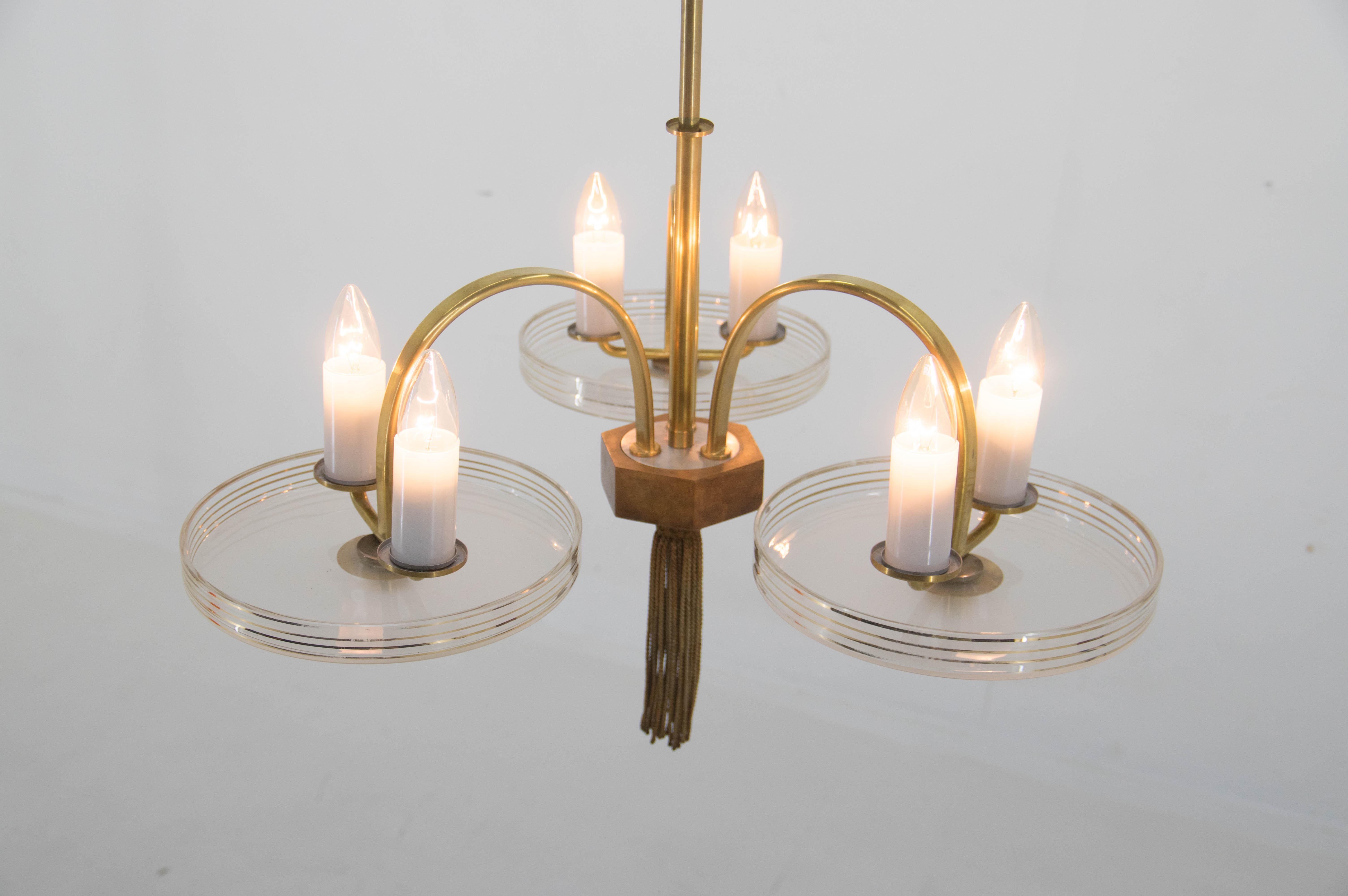 Art Deco Brass Wood and Glass Chandelier, 1940s For Sale 8