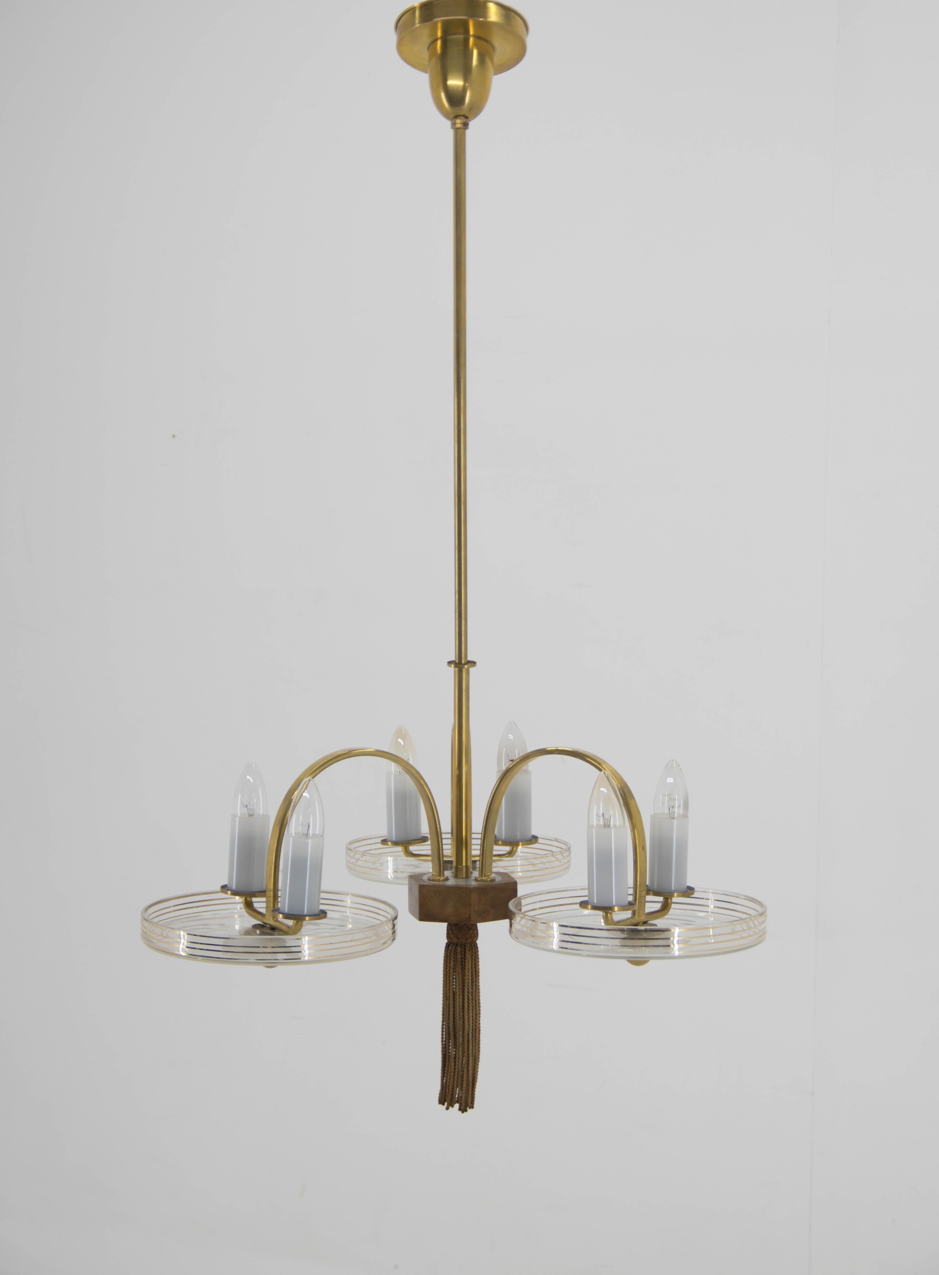 Art Deco Brass Wood and Glass Chandelier, 1940s For Sale 10