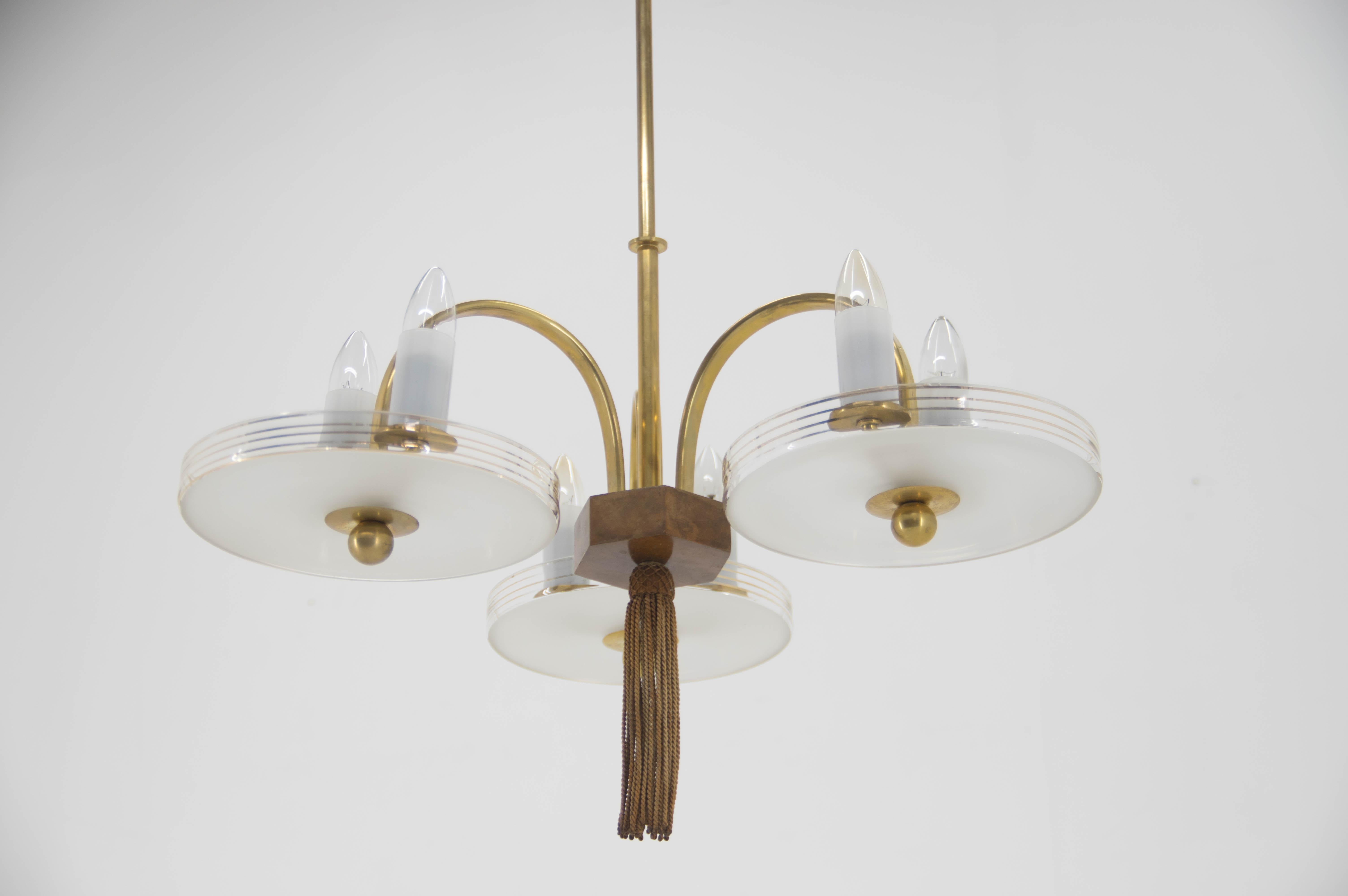 Art Deco Brass Wood and Glass Chandelier, 1940s For Sale 11
