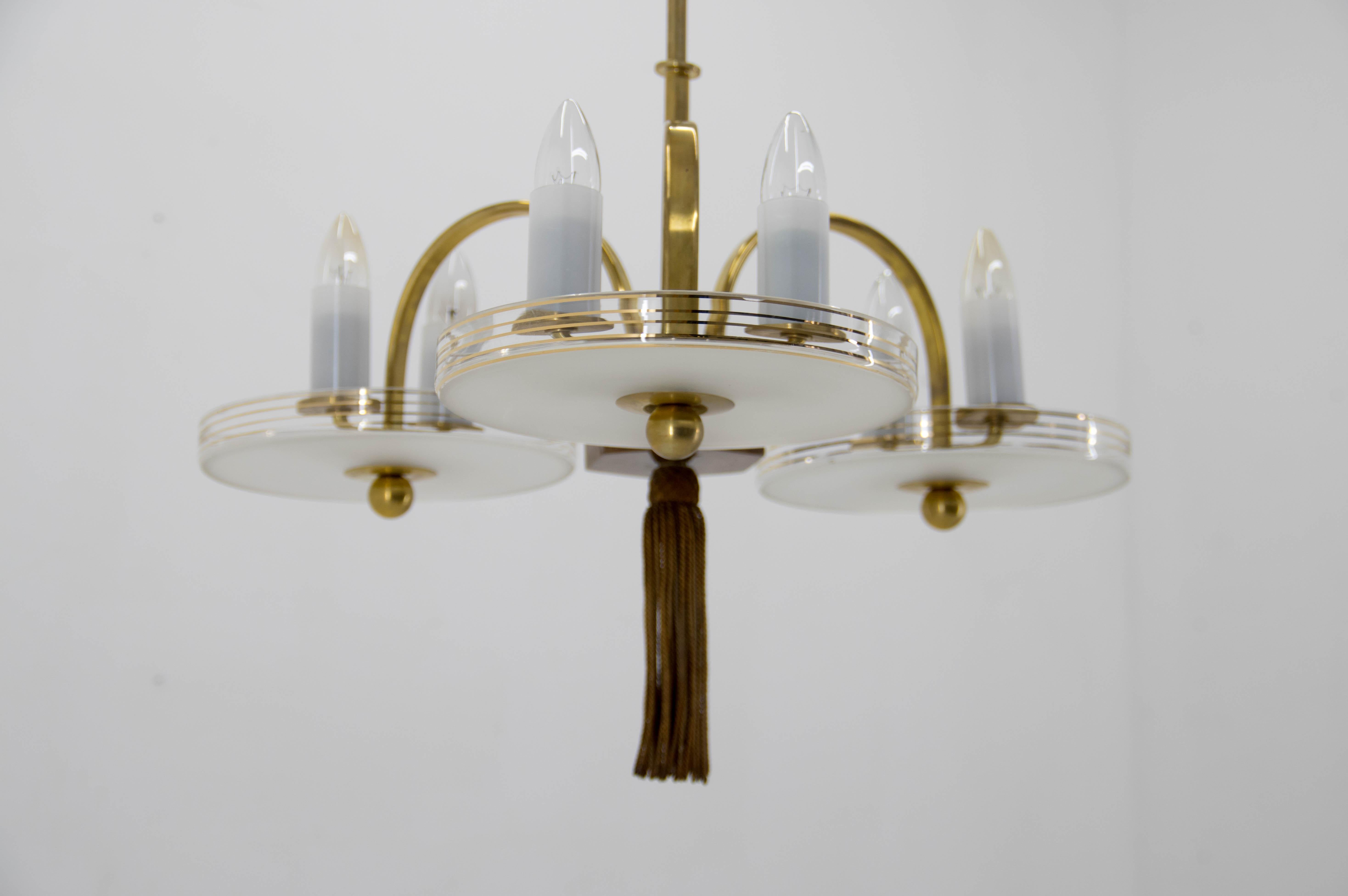 Art Deco Brass Wood and Glass Chandelier, 1940s For Sale 13