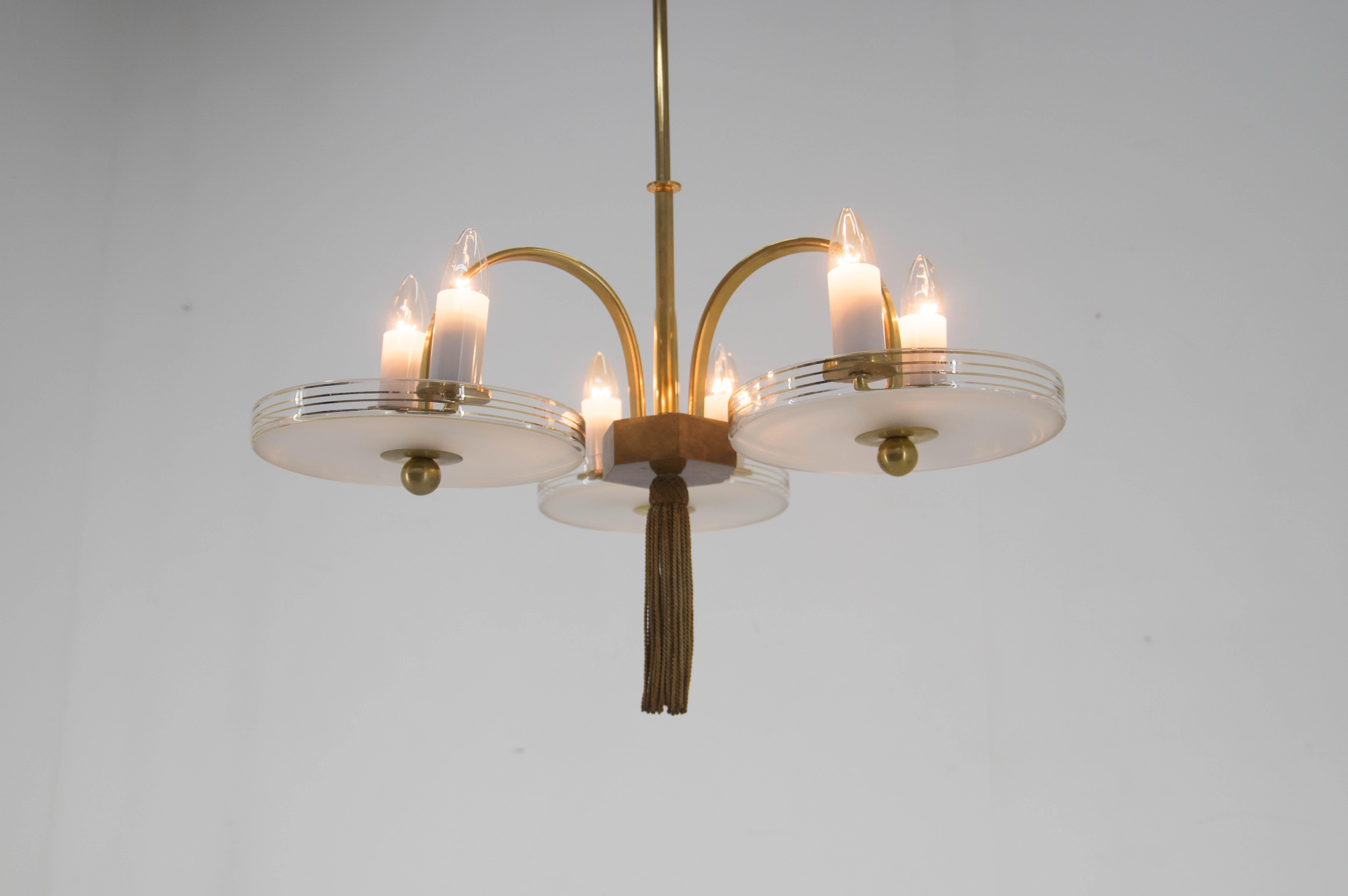 Czech Art Deco Brass Wood and Glass Chandelier, 1940s For Sale