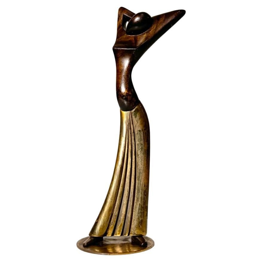 Art Deco Brass & Wood Figural Female Sculpture by Hagenauer Wien Austria 1930s