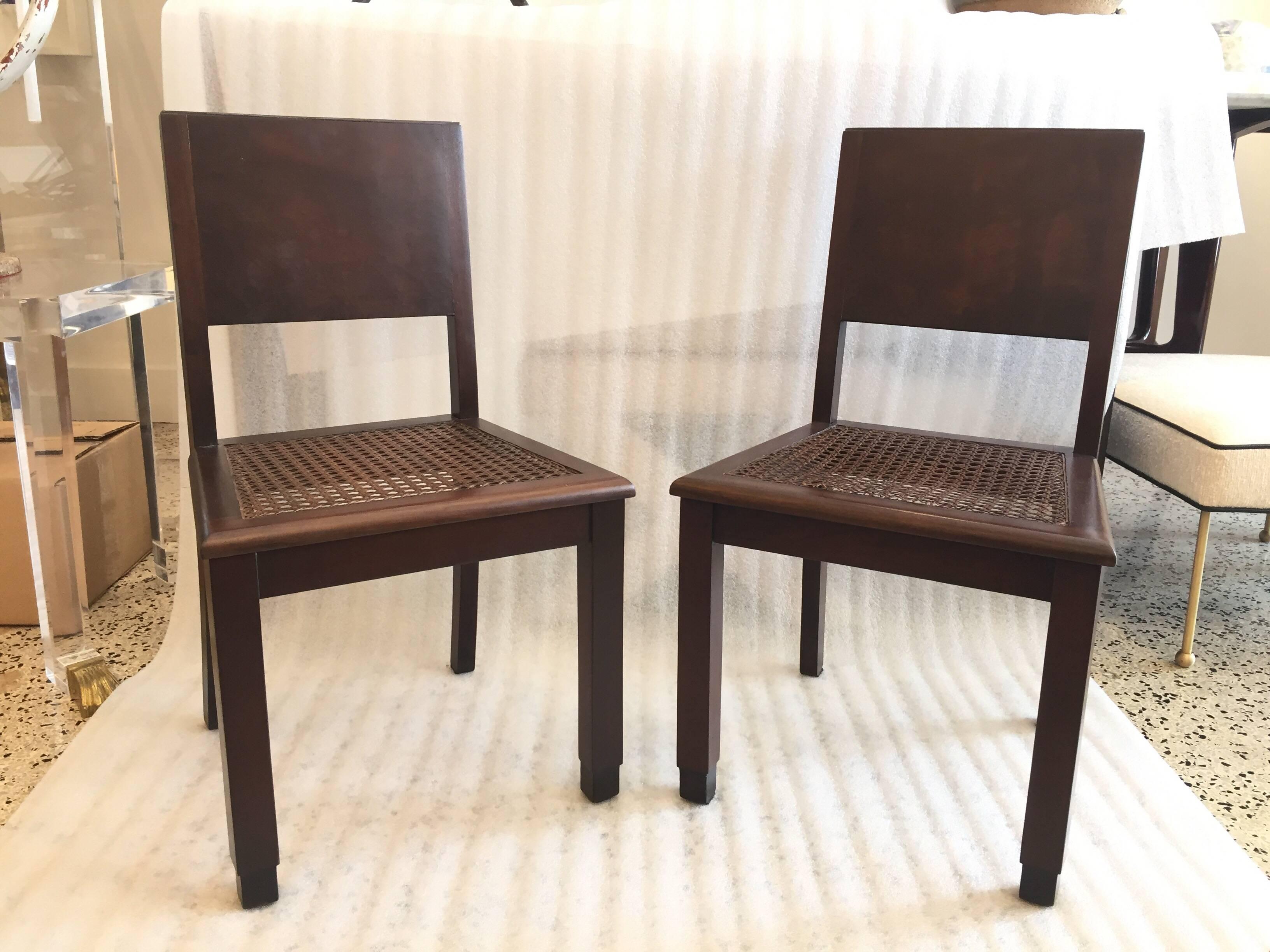 These truly special small scale chairs in Brazilian hardwood and original woven cane seats feature cheetah print cushions (removable) and just a wonderful dark finish. Very solid and in ready to use condition. Perfect for children's room, accent