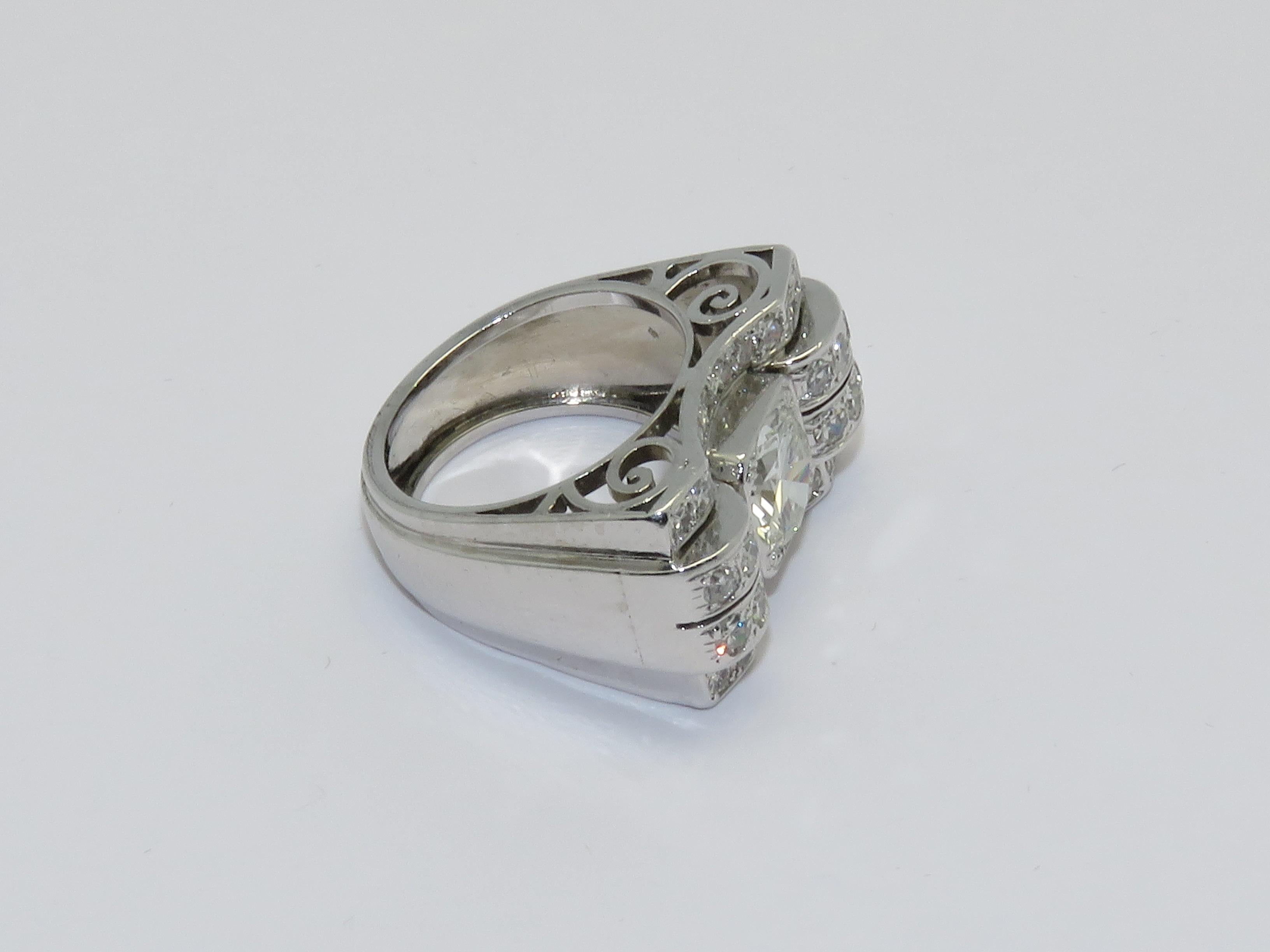 Round Cut Art Deco Bridge Platinum Diamond Ring
