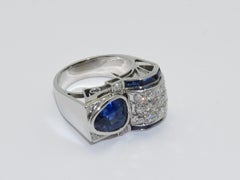 Art Deco Bridge Sapphire Ceylan Natural Diamond Platinum Ring