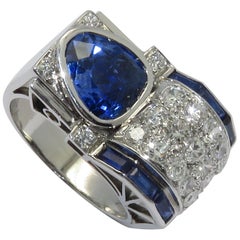 Art Deco Bridge Sapphire Ceylan Natural Diamond Platinum Ring