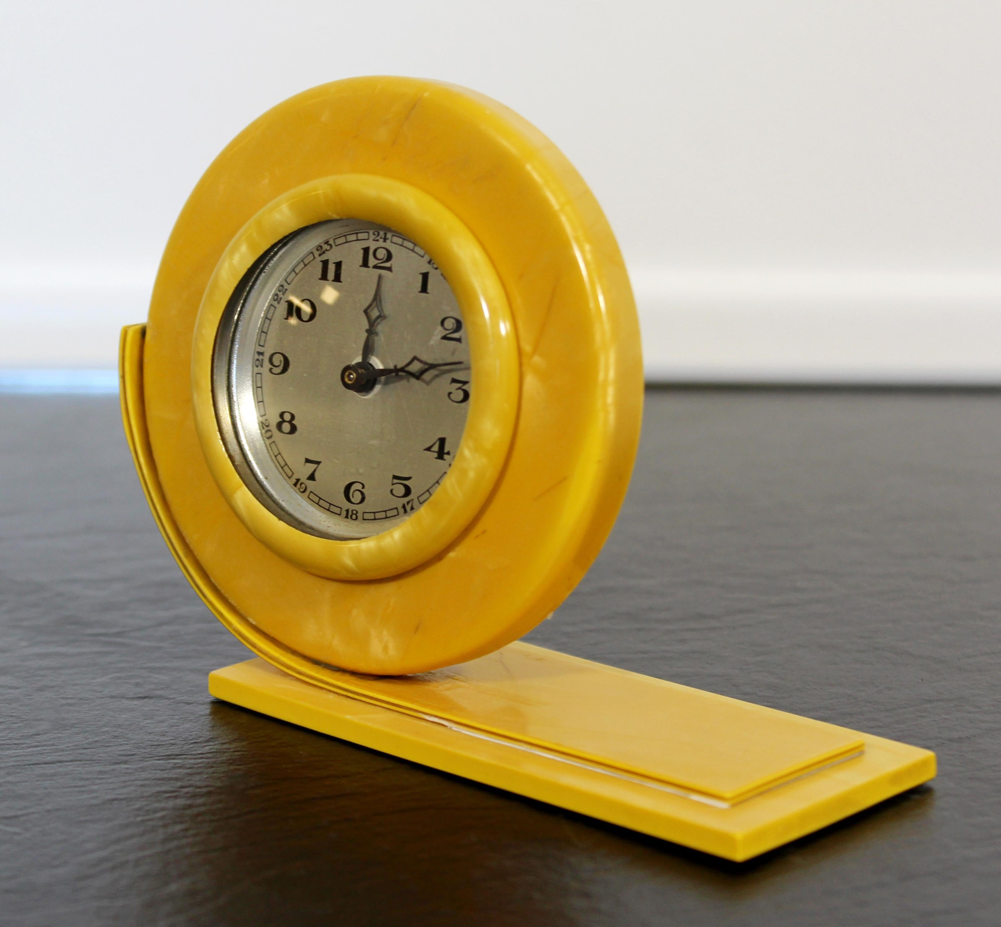 Metal Art Deco Bright Yellow Celluloid Mantle Shelf Clock with Round Face 1930s-1940s