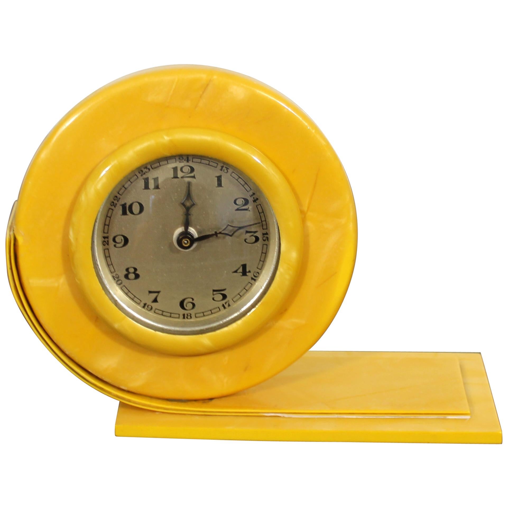 Art Deco Bright Yellow Celluloid Mantle Shelf Clock with Round Face 1930s-1940s