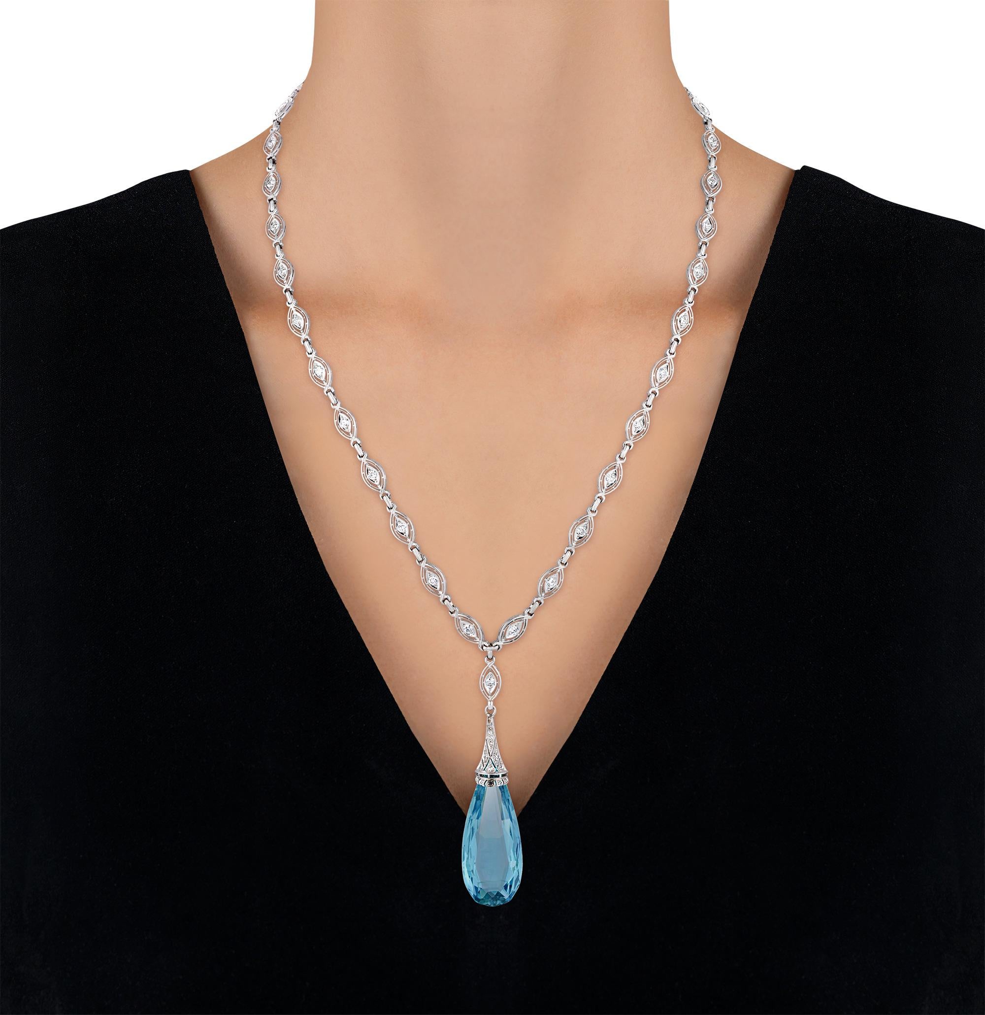 Art Deco Briolette Cut Aquamarine Pendant, 40.00 carats In Excellent Condition For Sale In New Orleans, LA