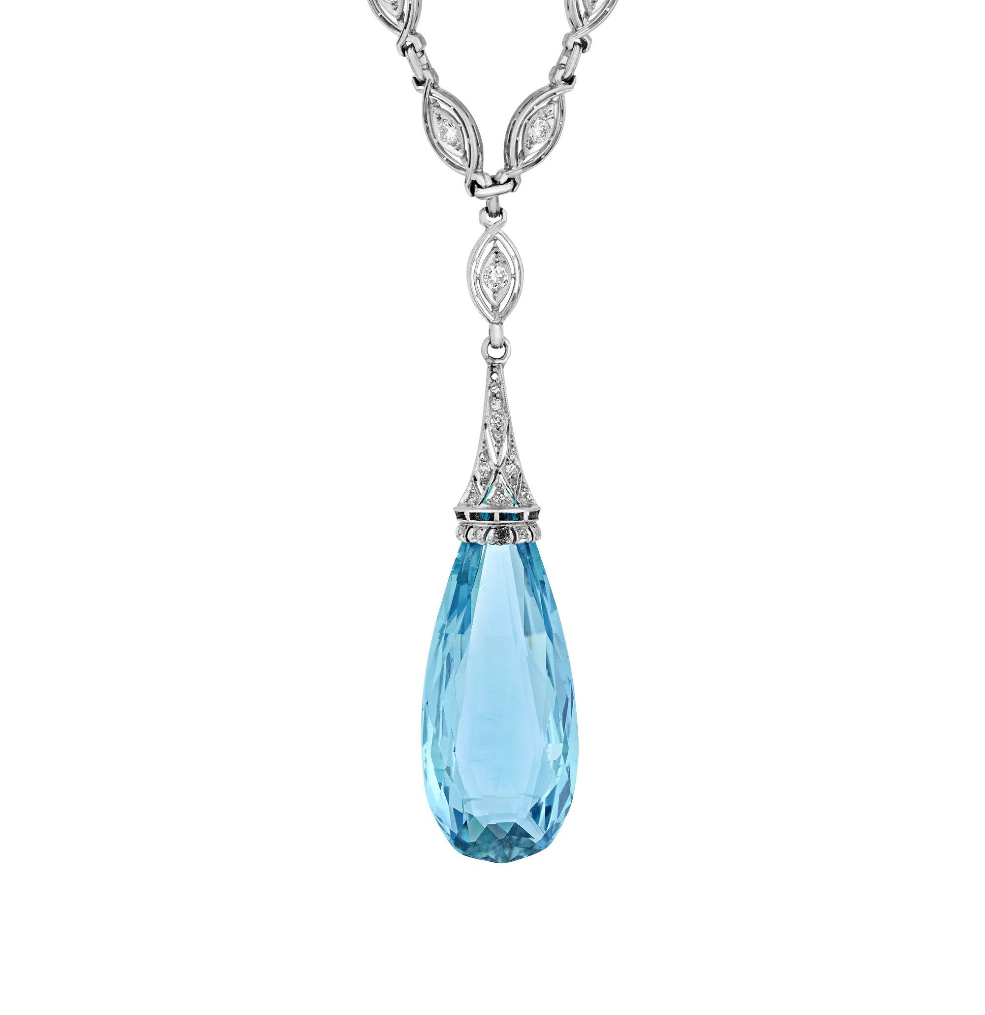 Women's Art Deco Briolette Cut Aquamarine Pendant, 40.00 carats For Sale