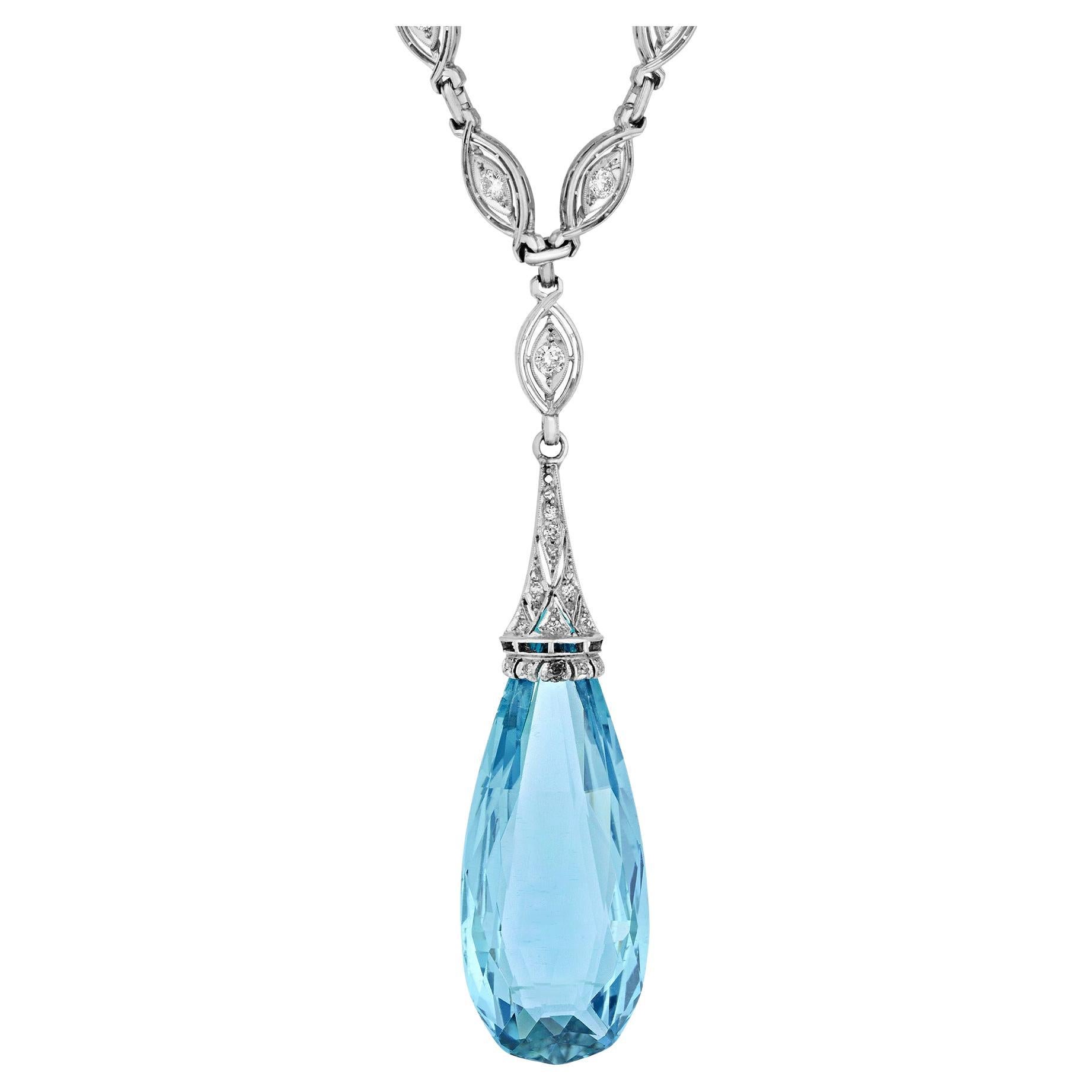 Art Deco Briolette Cut Aquamarine Pendant, 40.00 carats For Sale