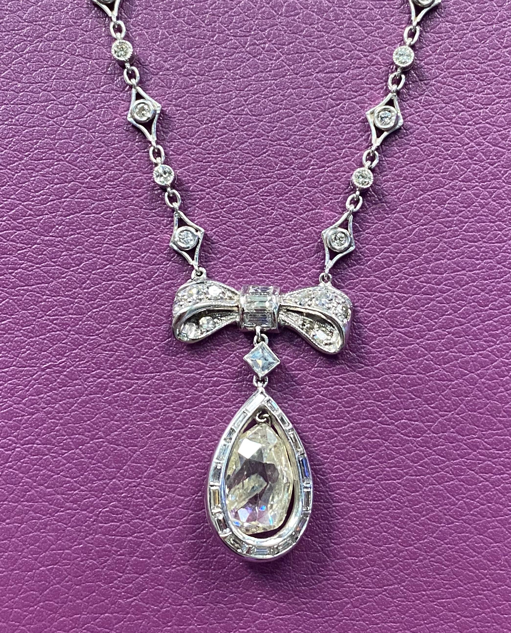 Art Deco Briolette Cut Diamond Bow Necklace For Sale 1