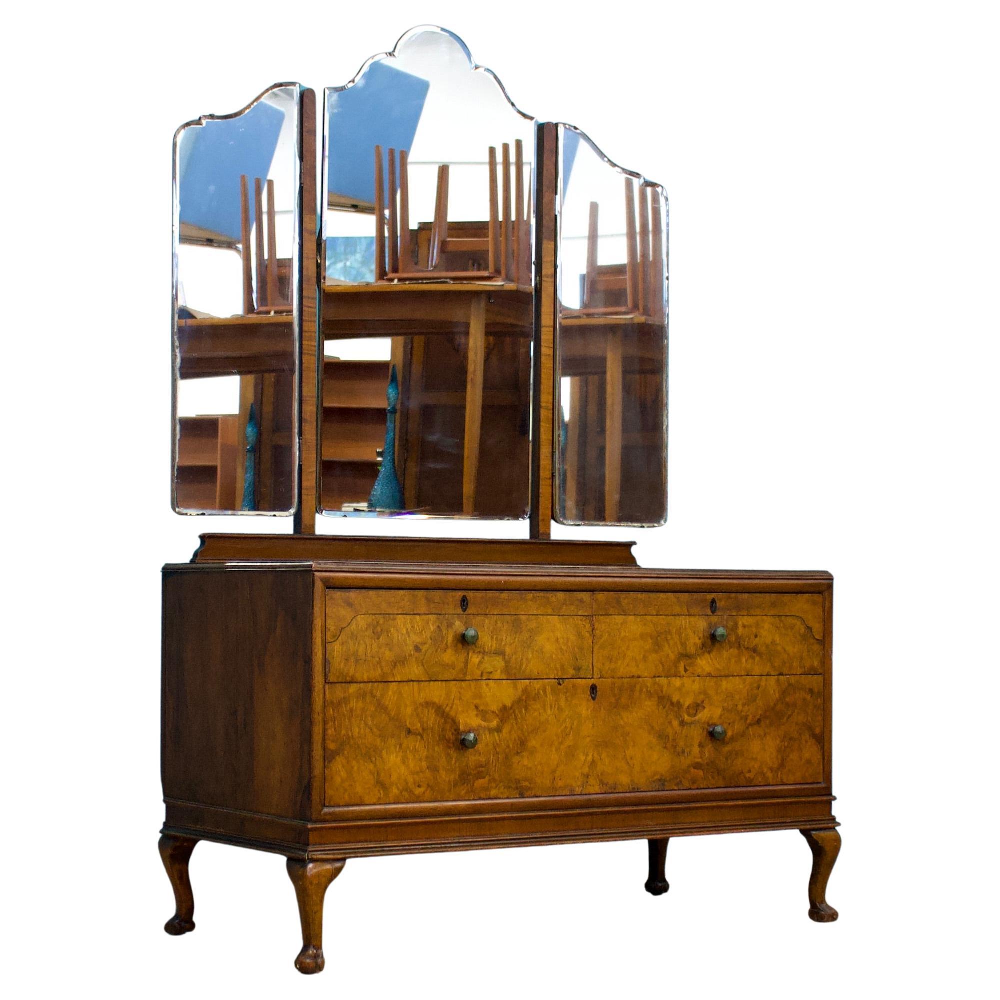 Art Deco British Burr Walnut Dressing Chest, 1930s