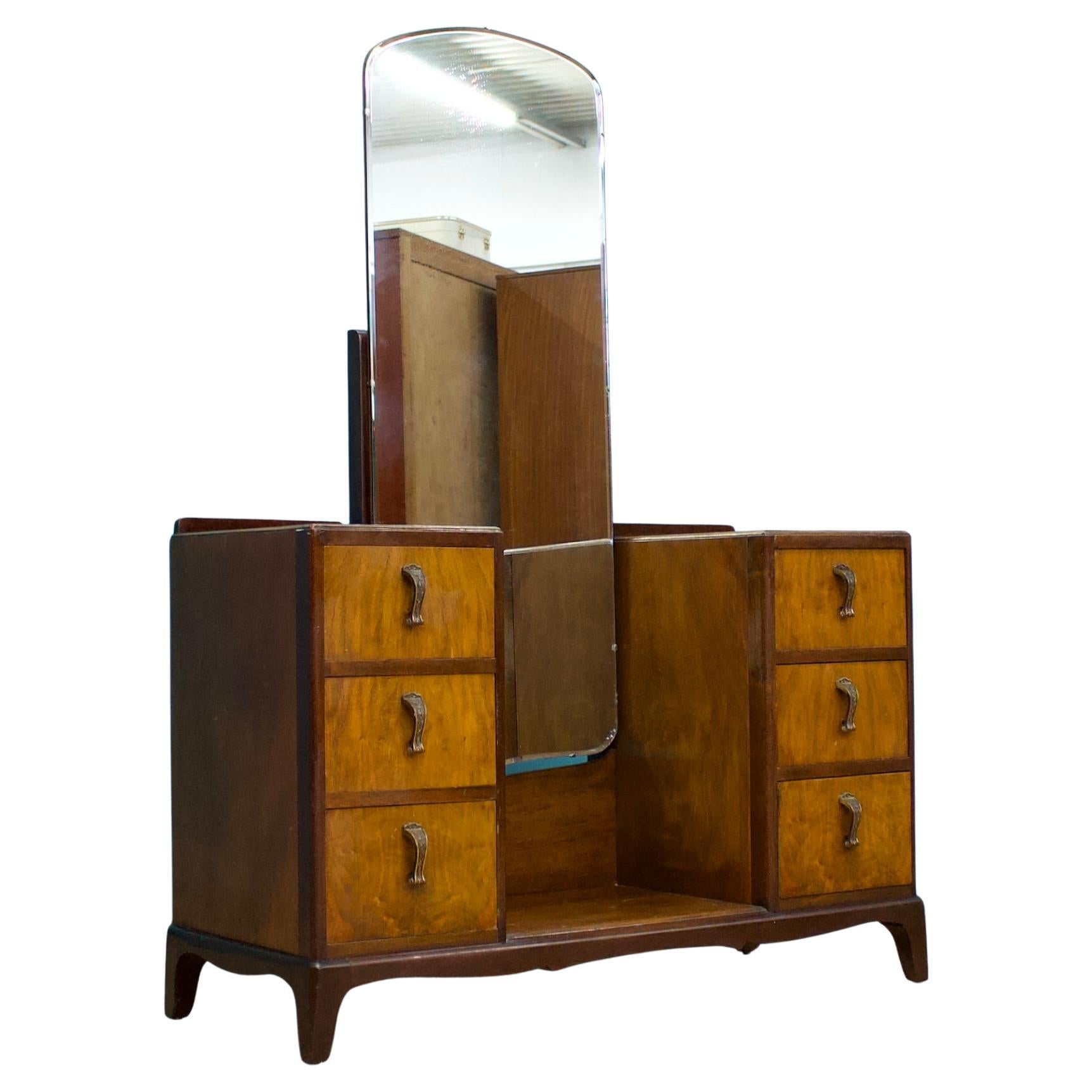 Art Deco British Burr Walnut Dressing Chest, 1950s