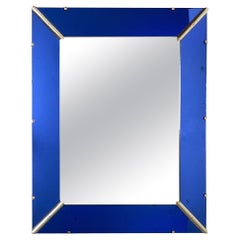Specchio rettangolare Art Deco britannico bordato di vetro blu cobalto