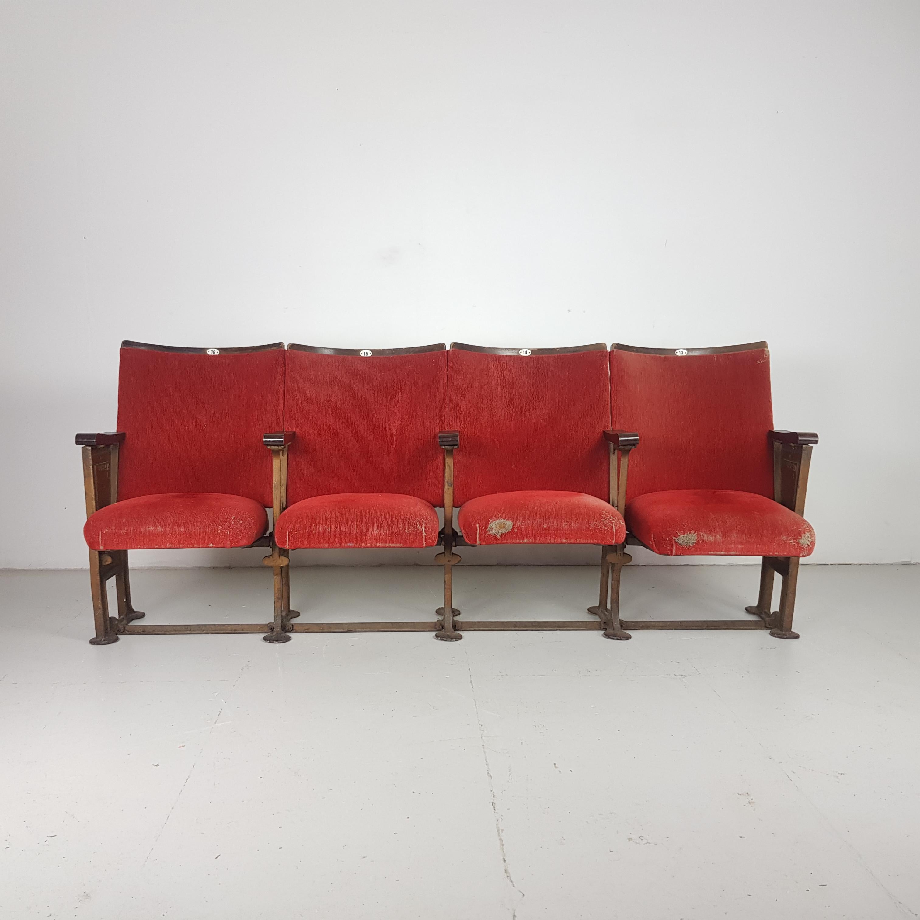 Lovely set of Art Deco cinema seats with original upholstery. These came from the old Curzon Cinema in Brighton which closed in the 1970s. 

Great in a hallway.

In vintage condition - the upholstery has a lot of wear, but this all part of the