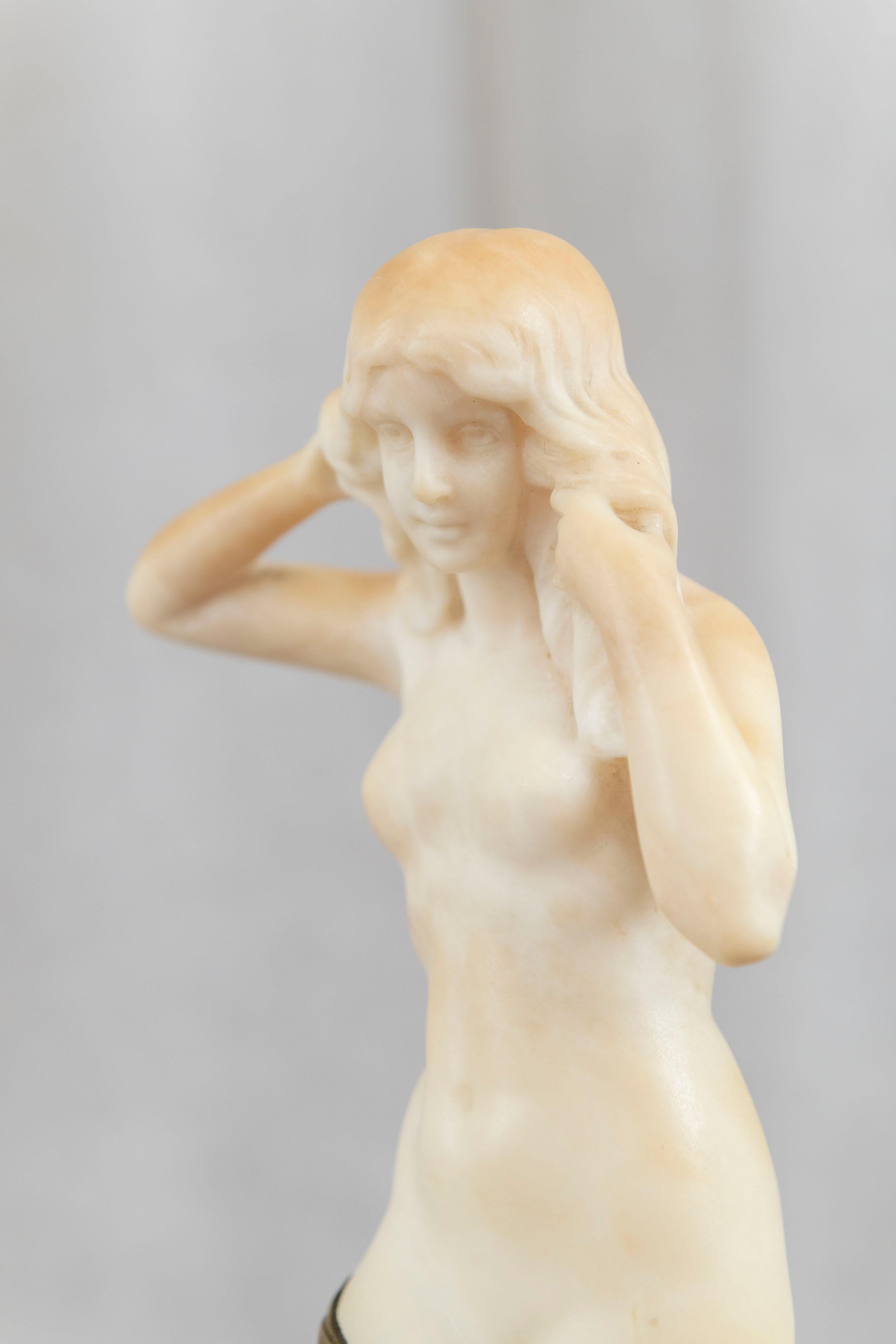 Austrian Art Deco Bronze & Alabaster Nude Maiden, Signed, Sienna Marble Base, ca. 1920's For Sale