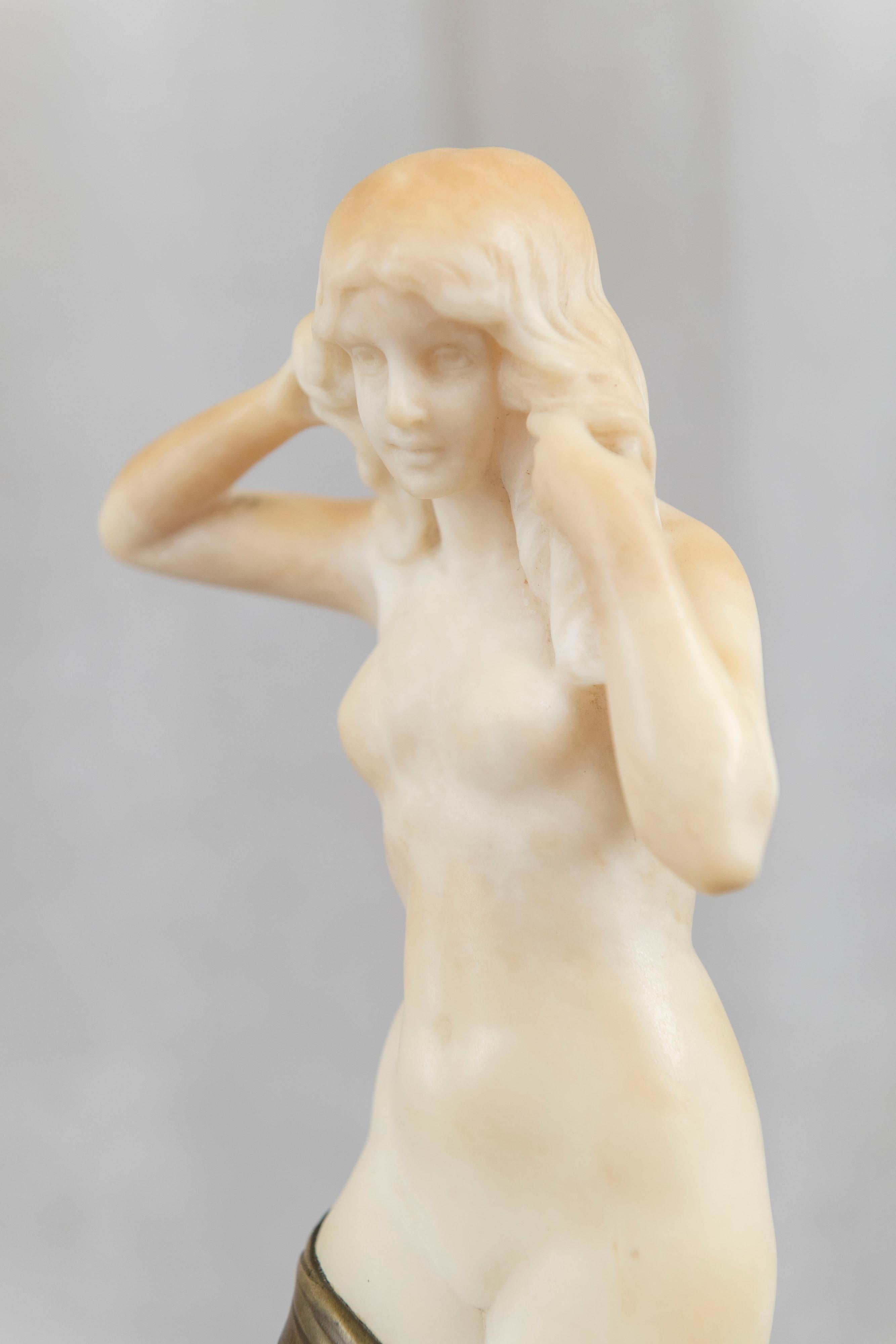 Hand-Carved Art Deco Bronze & Alabaster Nude Maiden, Signed, Sienna Marble Base, ca. 1920's For Sale