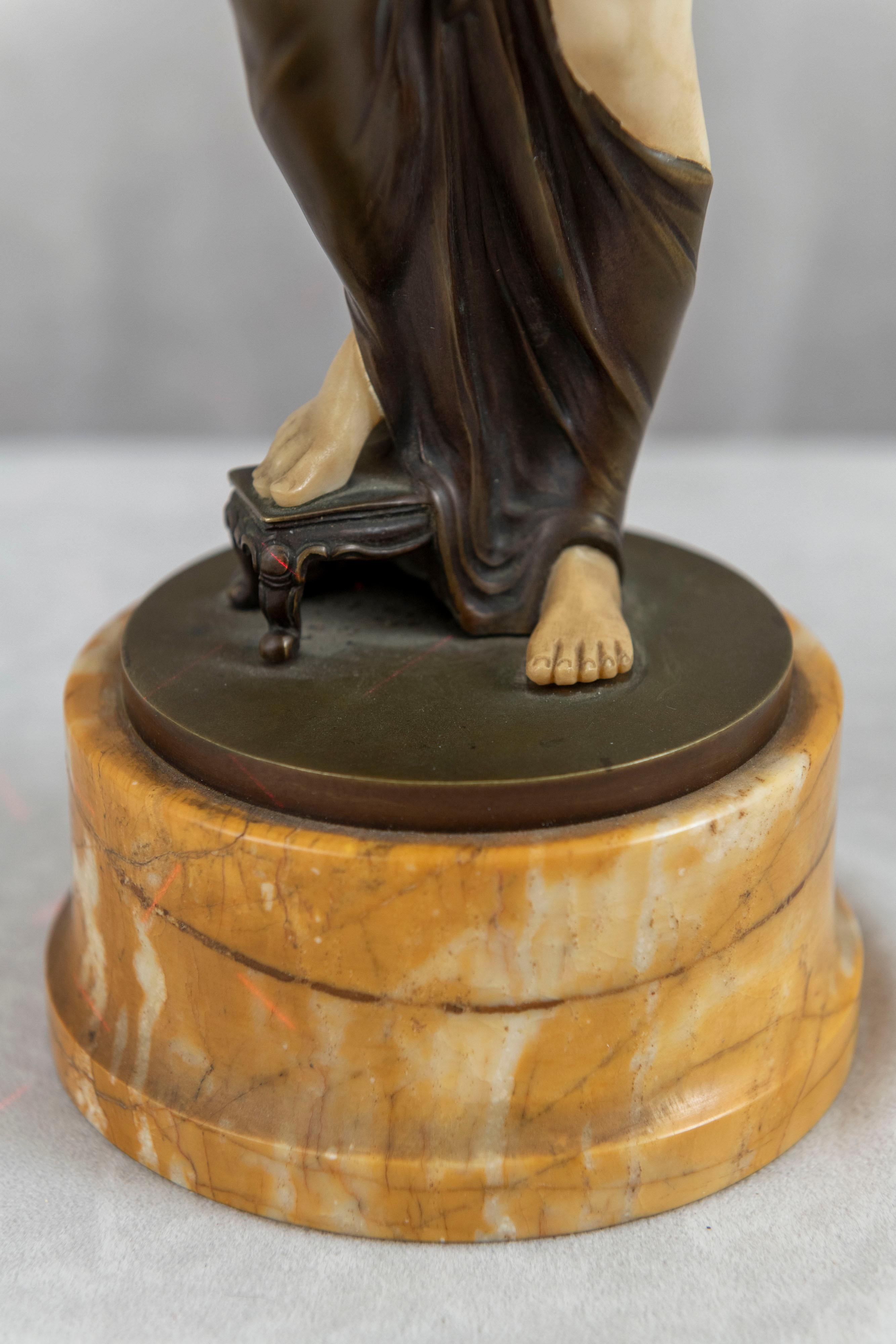 Art Deco Bronze & Alabaster Nude Maiden, Signed, Sienna Marble Base, ca. 1920's In Good Condition For Sale In Petaluma, CA