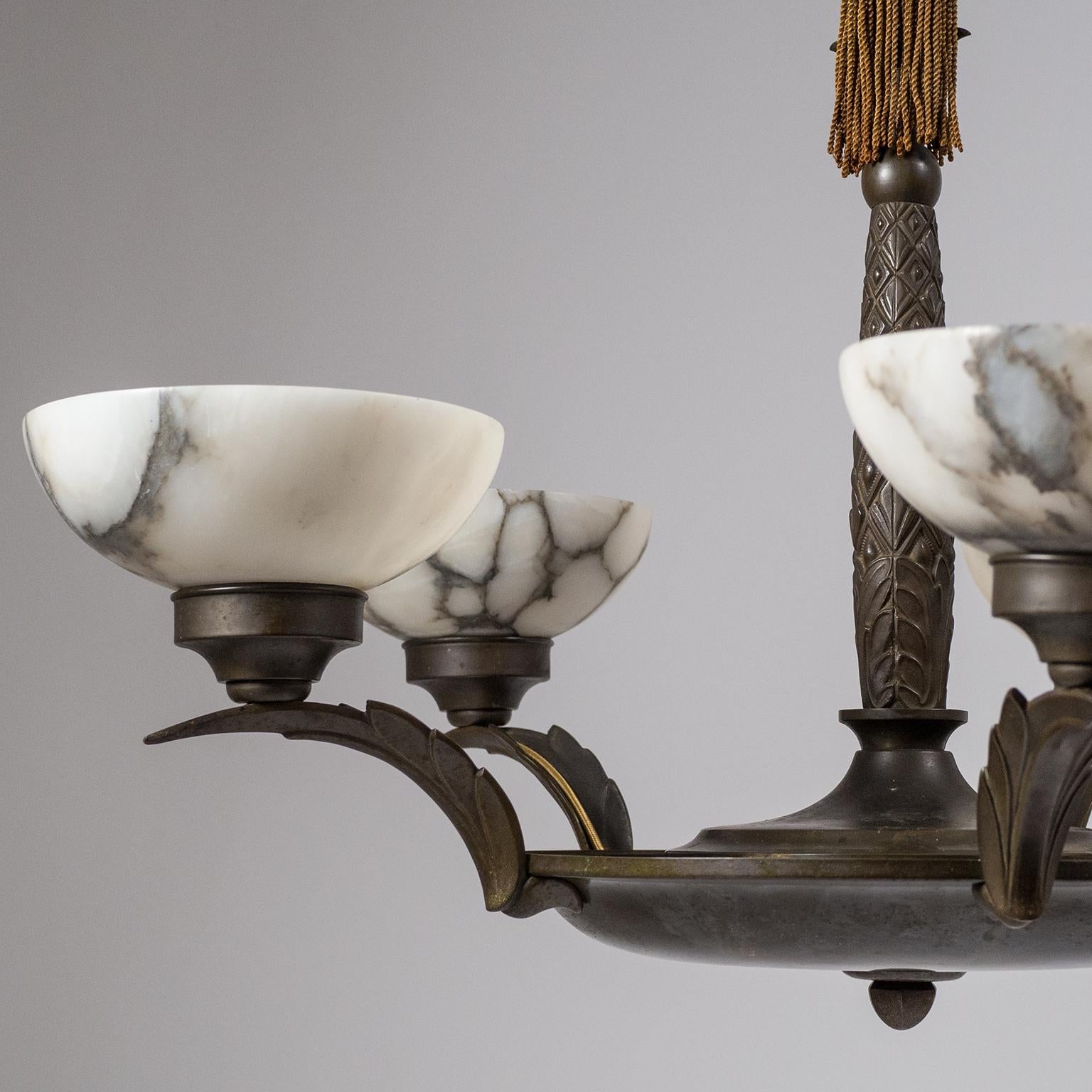 Art Deco Bronze and Alabaster Chandelier, circa 1920 7