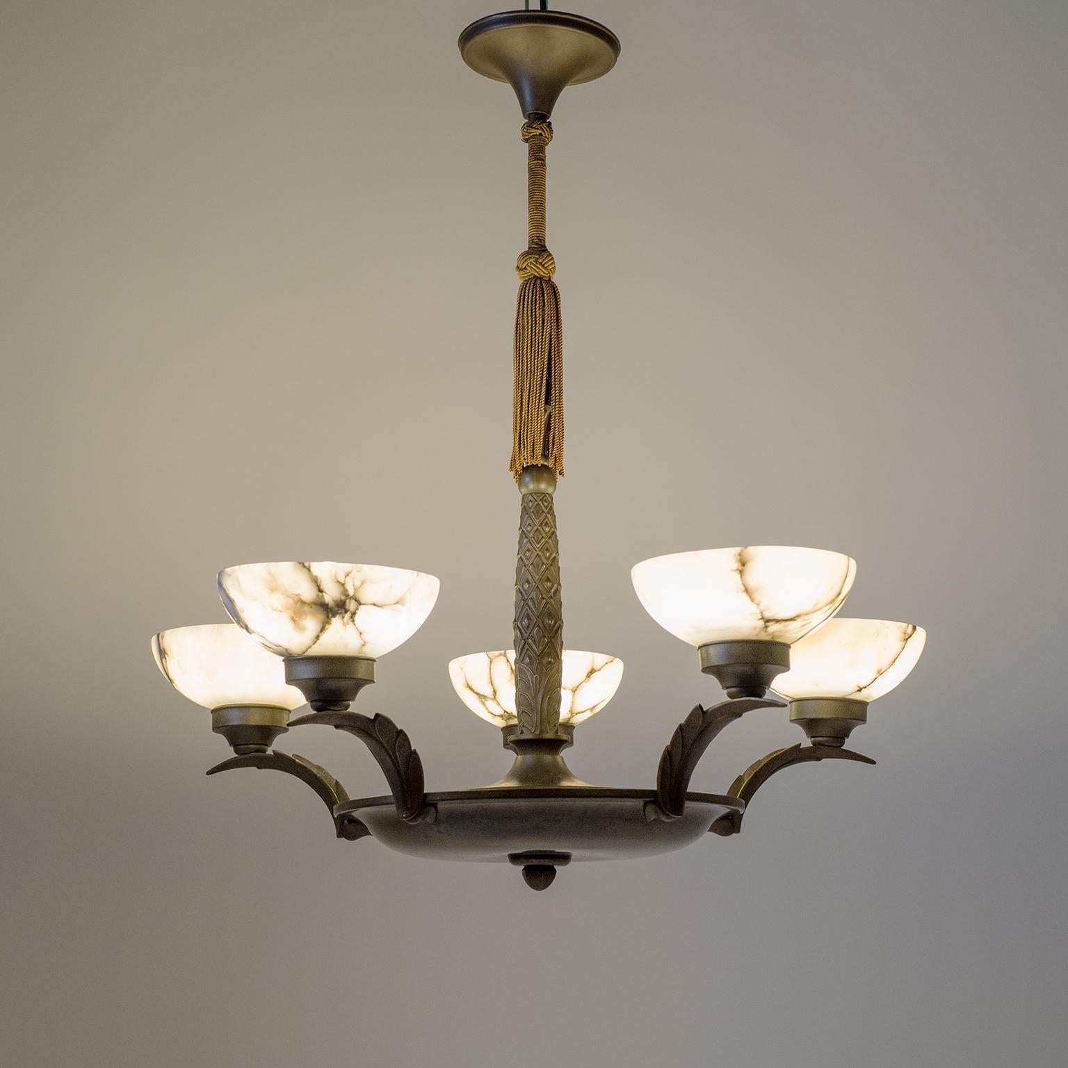 Art Deco Bronze and Alabaster Chandelier, circa 1920 10