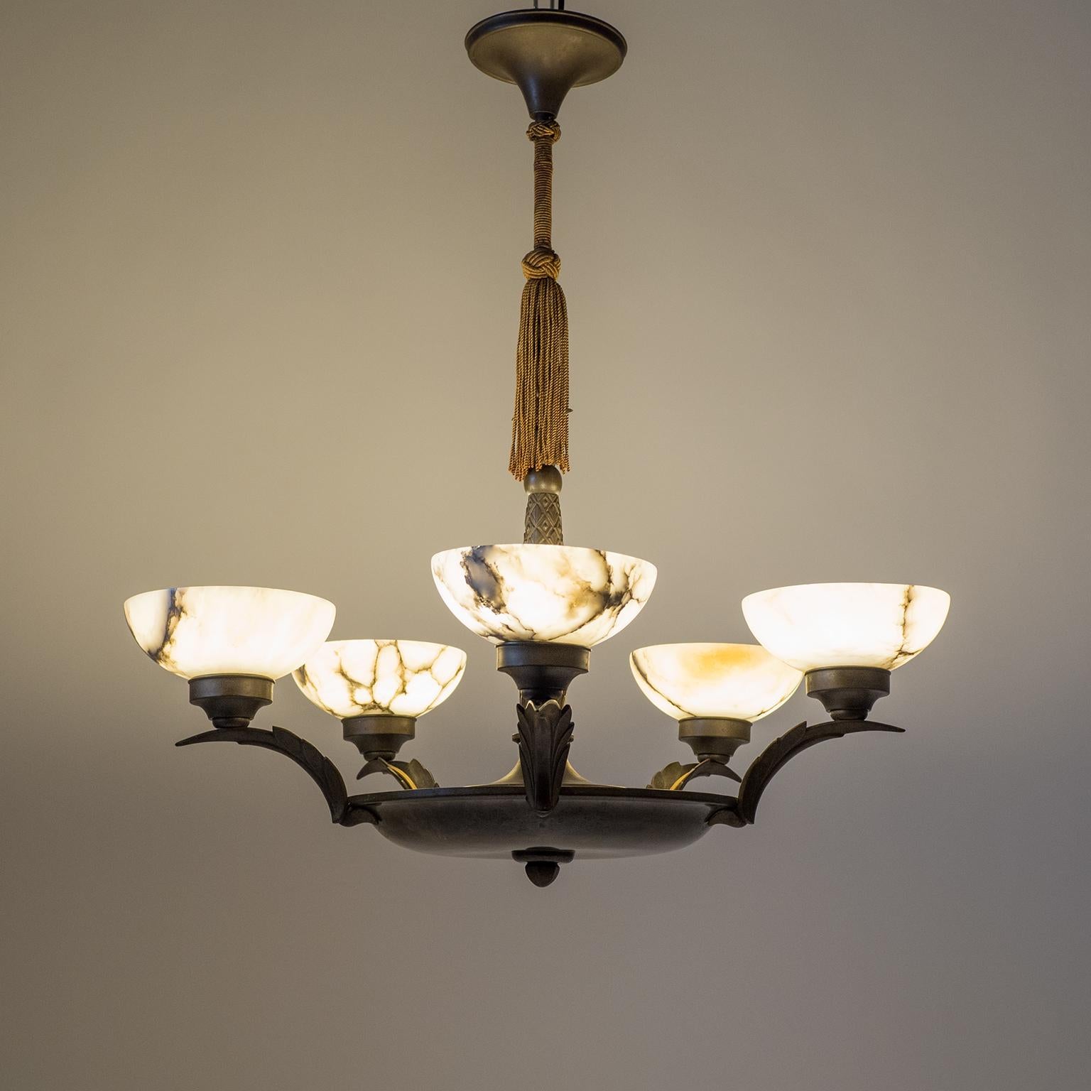 German Art Deco Bronze and Alabaster Chandelier, circa 1920