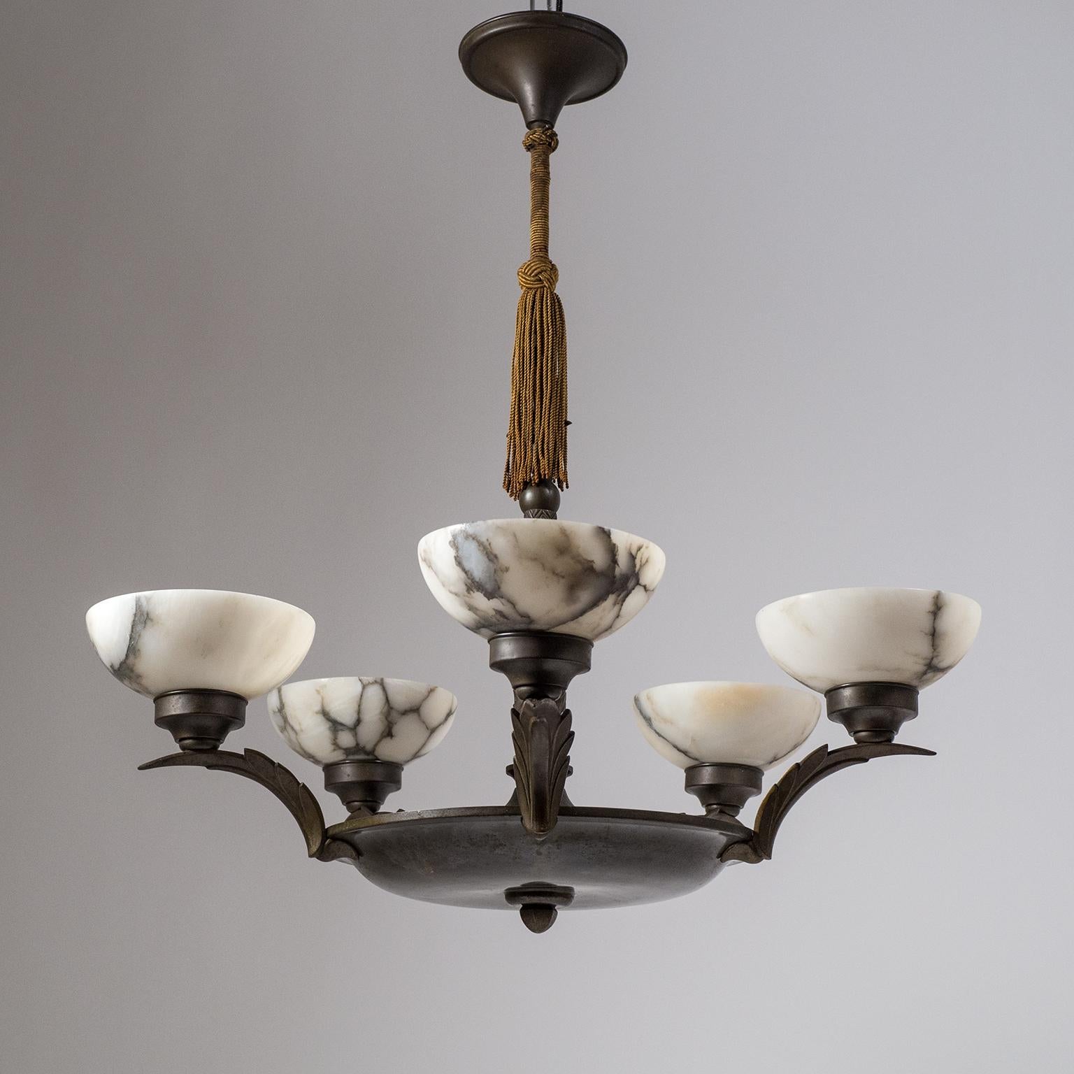 Art Deco Bronze and Alabaster Chandelier, circa 1920 In Good Condition In Vienna, AT