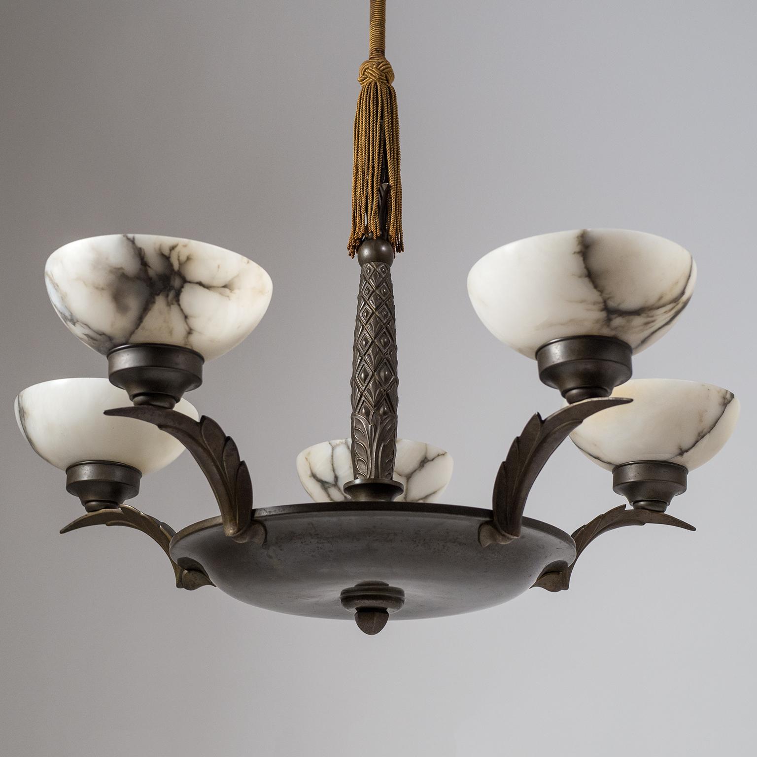 Early 20th Century Art Deco Bronze and Alabaster Chandelier, circa 1920