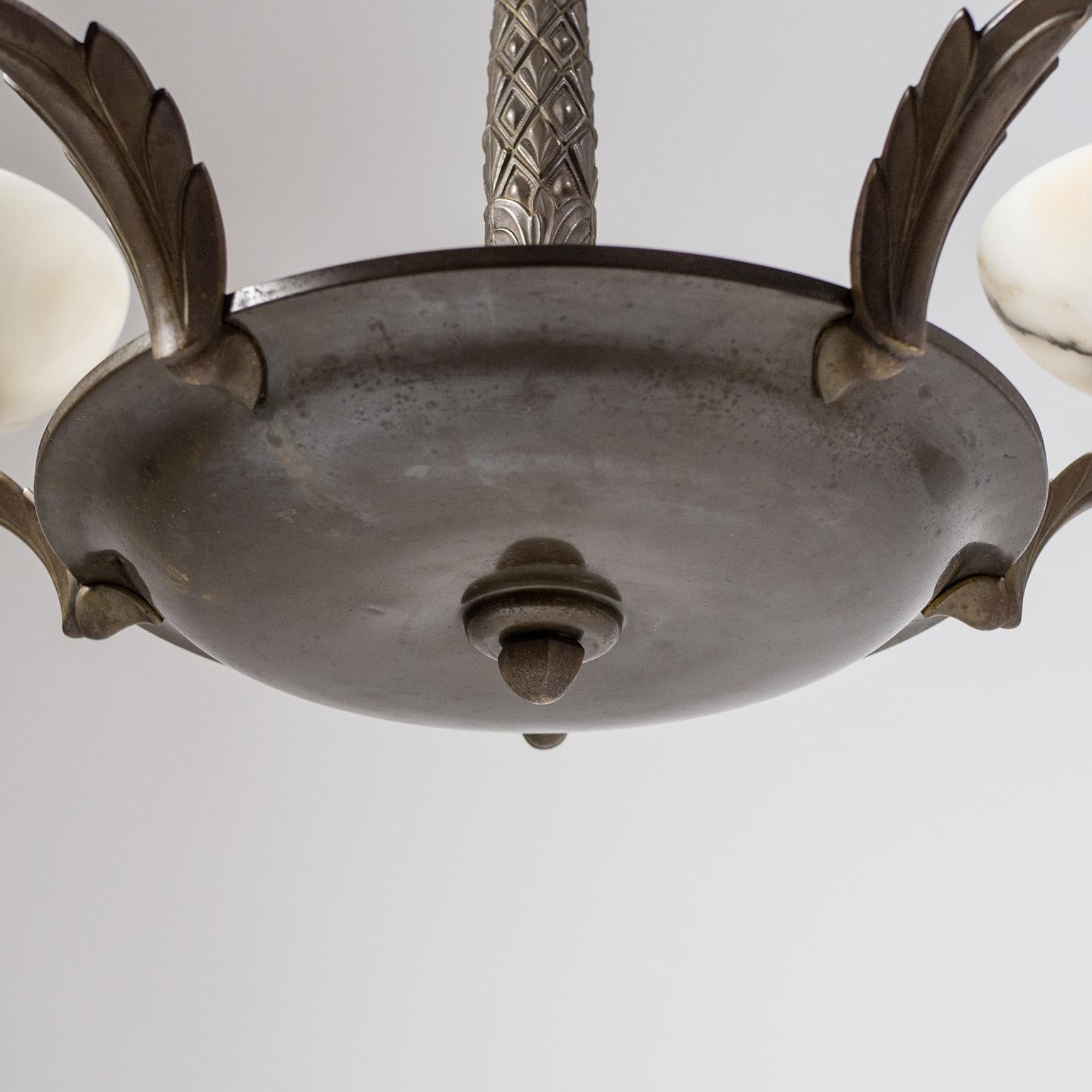 Art Deco Bronze and Alabaster Chandelier, circa 1920 1