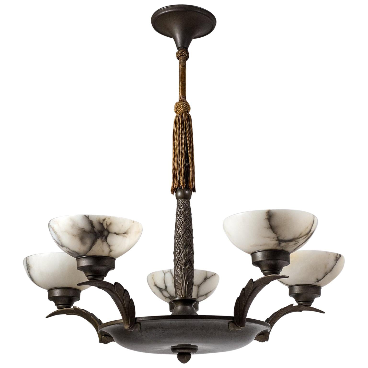 Art Deco Bronze and Alabaster Chandelier, circa 1920