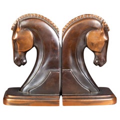 Art Deco Bronze and Copper Plated Machine Age Trojan Horse Bookends by Dodge Inc