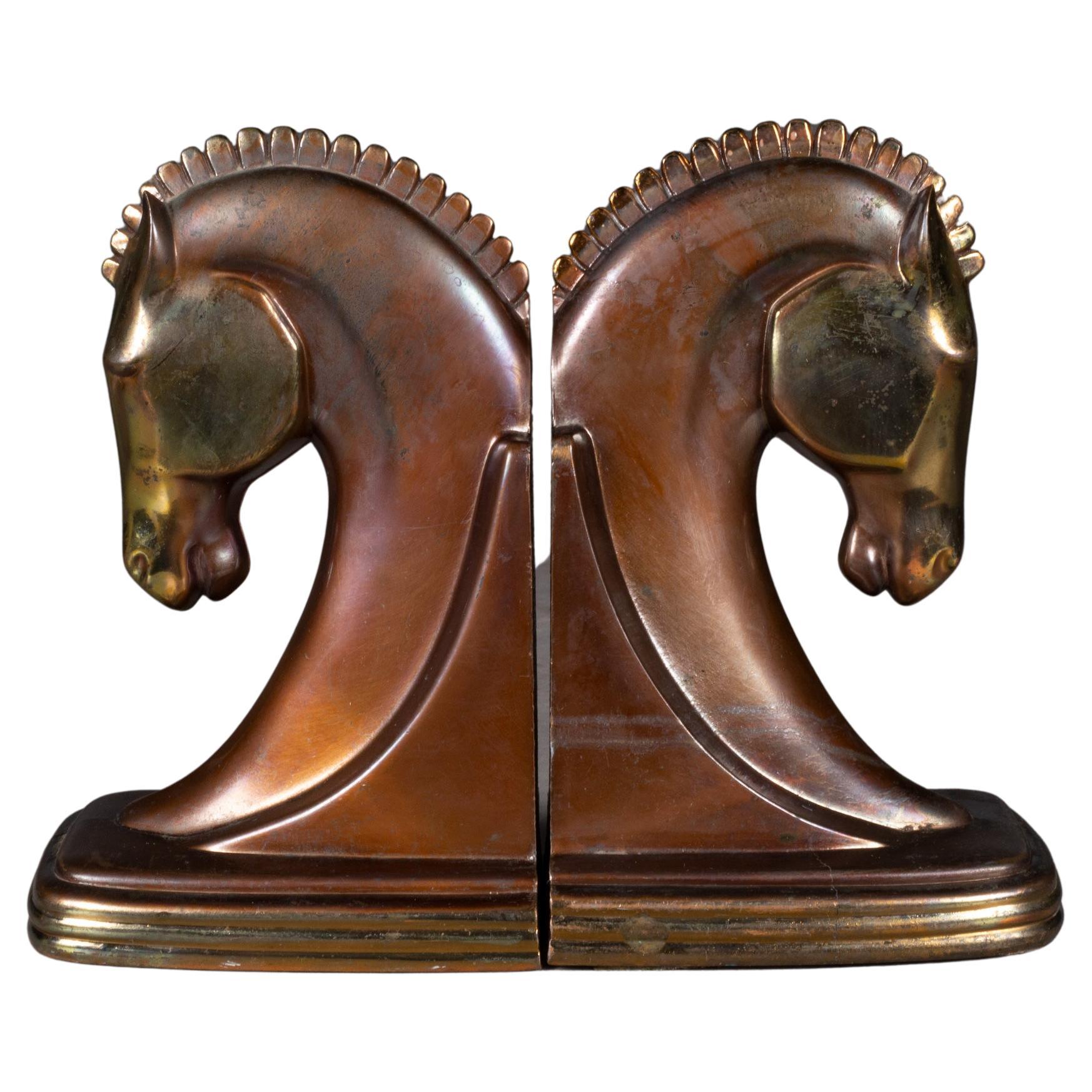 Art Deco Bronze and Copper Plated Trojan Horse Bookends by Dodge Inc. c.1930