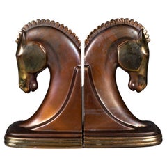 Serre-livres Art Déco cheval Trojan en bronze et plaqué cuivre par Dodge Inc. vers 1930