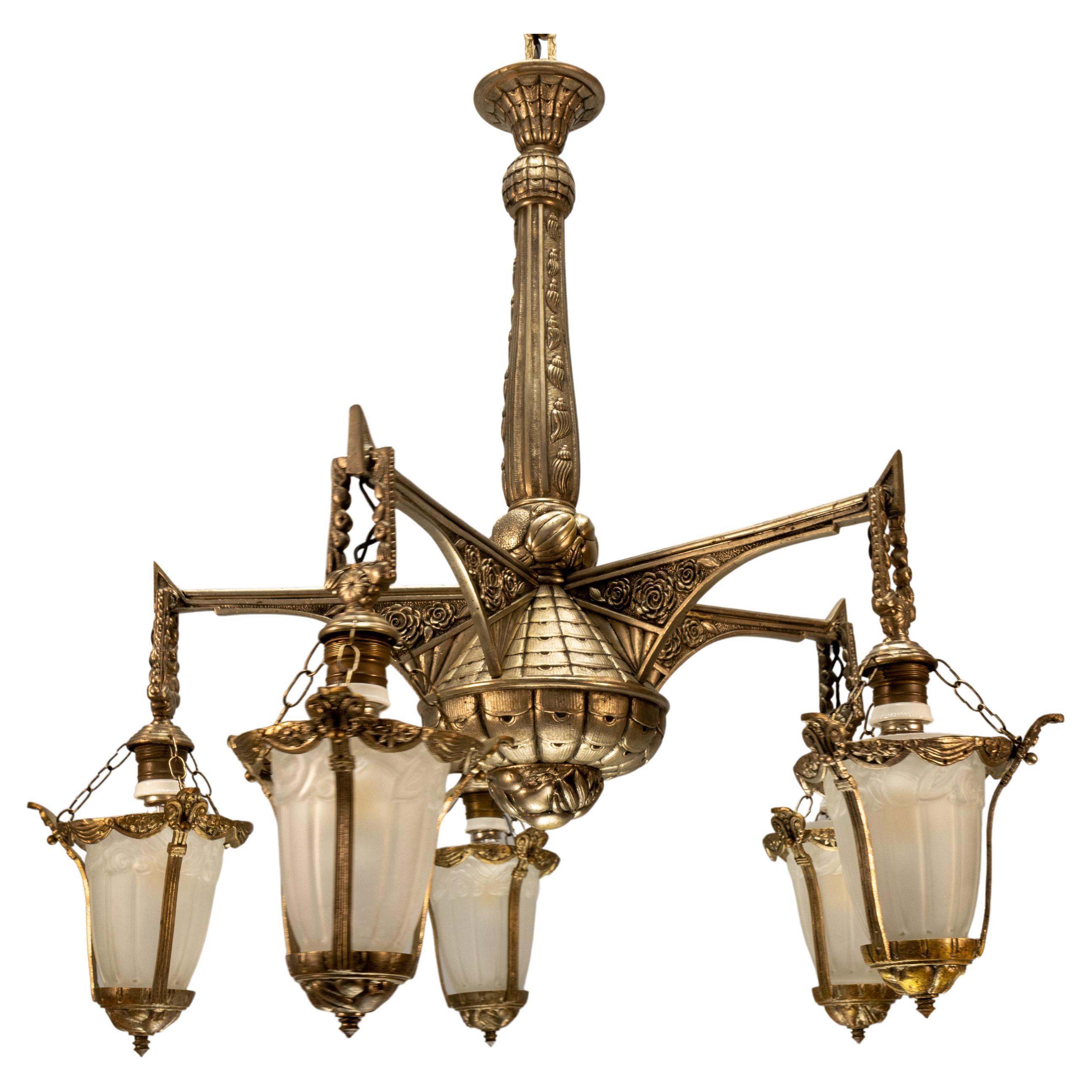 Art Deco Bronze and Frosted White Glass Five-Light Chandelier, France, ca. 1925
