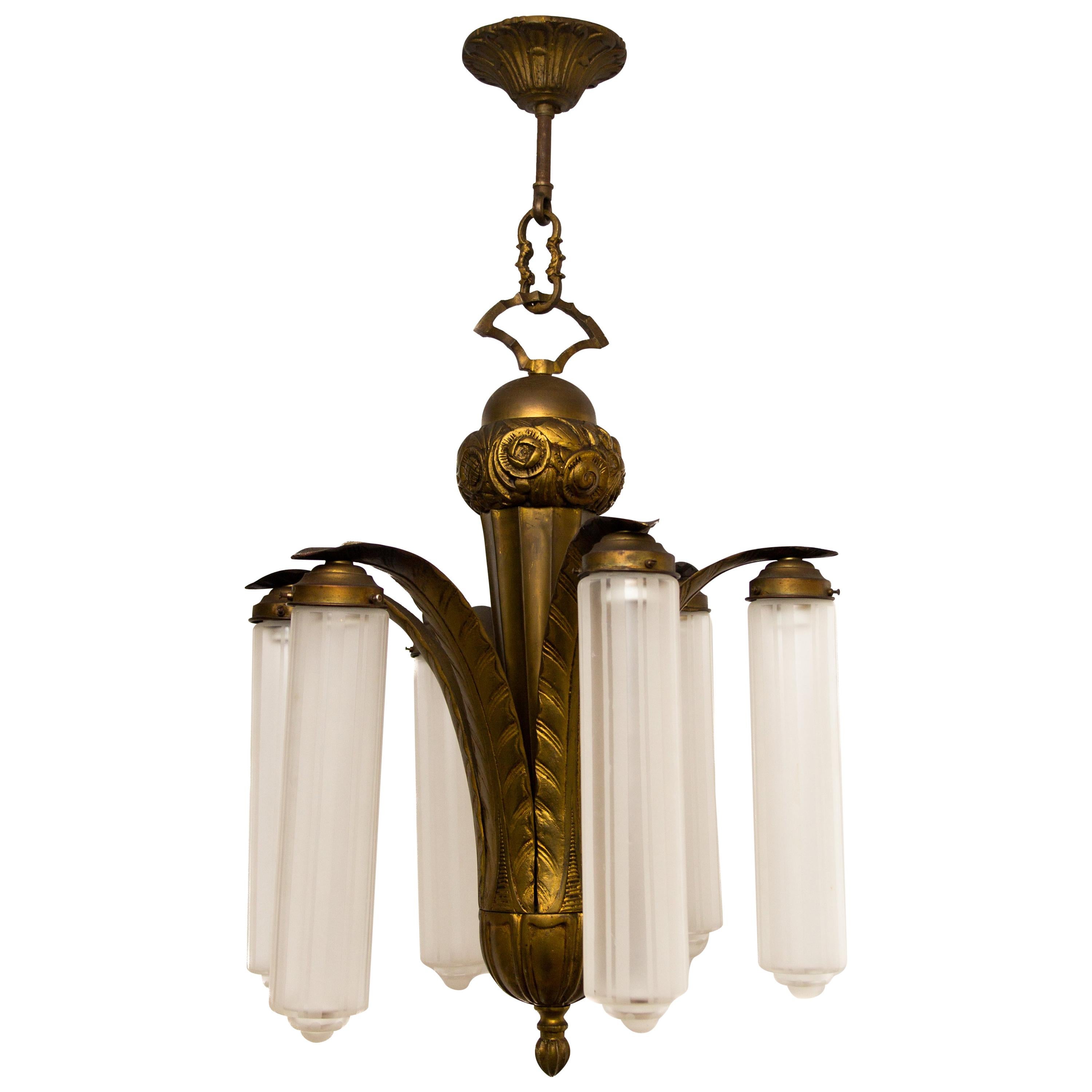 Art Deco Bronze and Glass Six-Light Chandelier