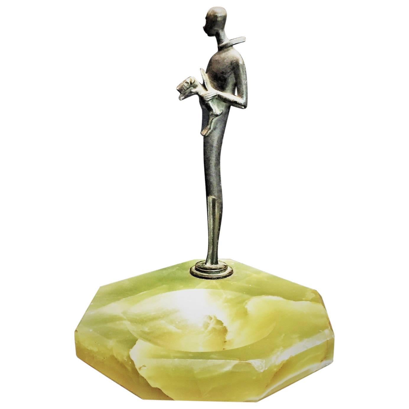 Skulpturale Art-Déco-Ablageschale aus Bronze und grünem Achat, ca. 1920er Jahre