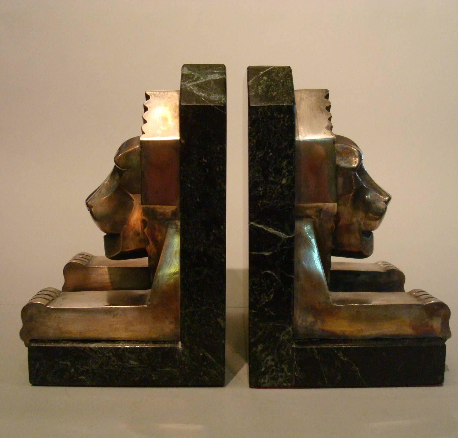 Art Deco Bronze and Marble Lion Bookends, Jacques Cartier, France, 1925 3