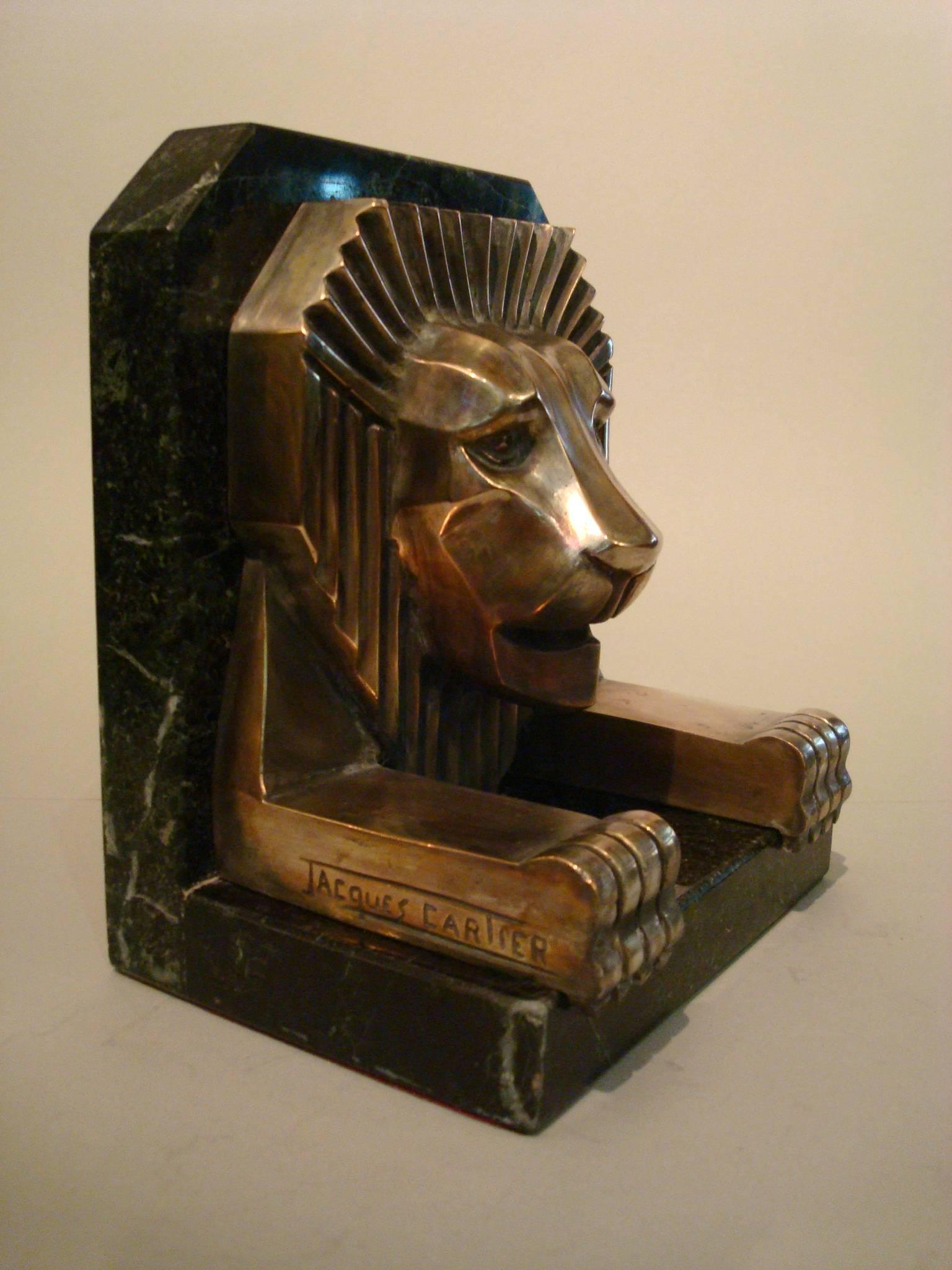 Fantastic Art Deco bronze lion bookends. Silvered plated. Dark green marble. Signed Jacques Cartier, France, 1925.