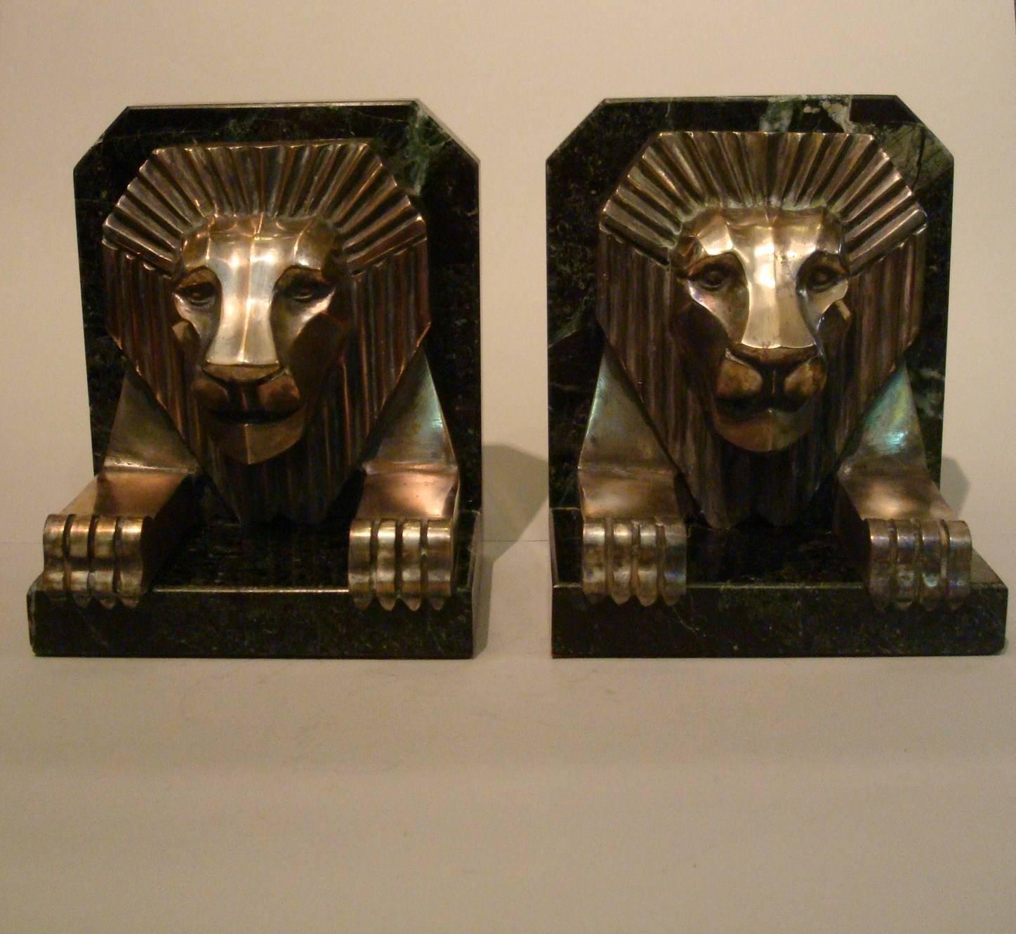 Silvered Art Deco Bronze and Marble Lion Bookends, Jacques Cartier, France, 1925
