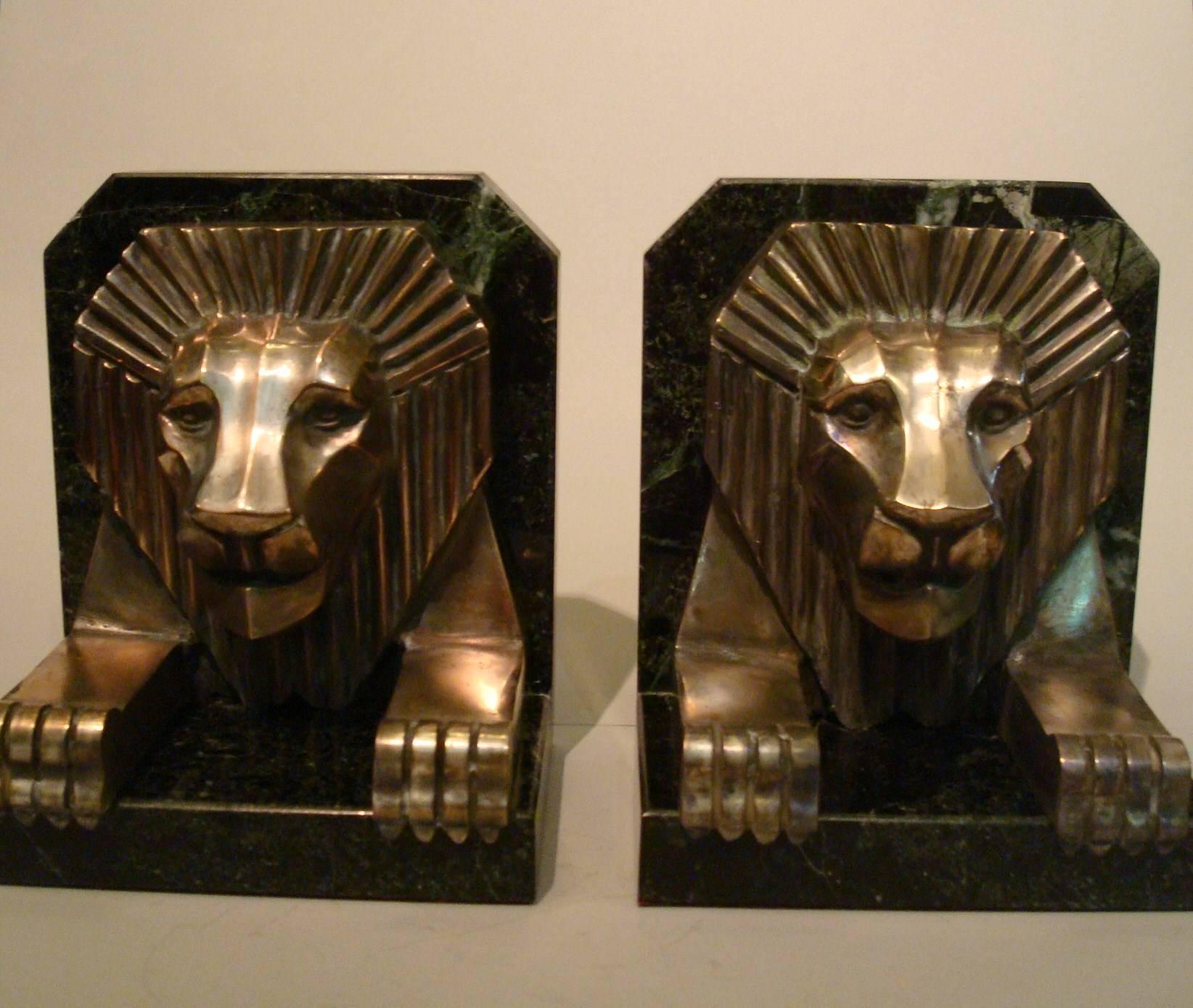 Early 20th Century Art Deco Bronze and Marble Lion Bookends, Jacques Cartier, France, 1925