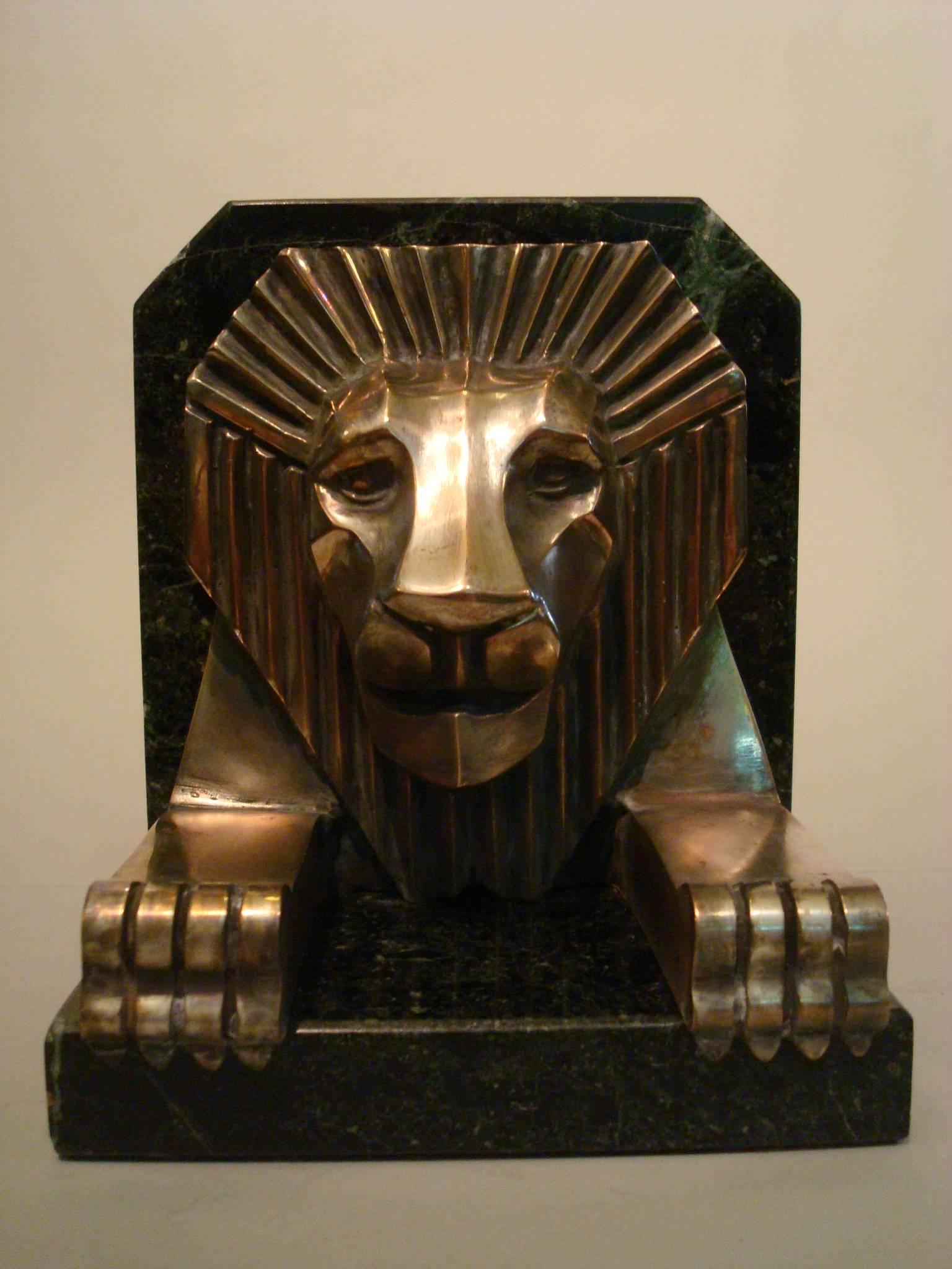 Art Deco Bronze and Marble Lion Bookends, Jacques Cartier, France, 1925 1