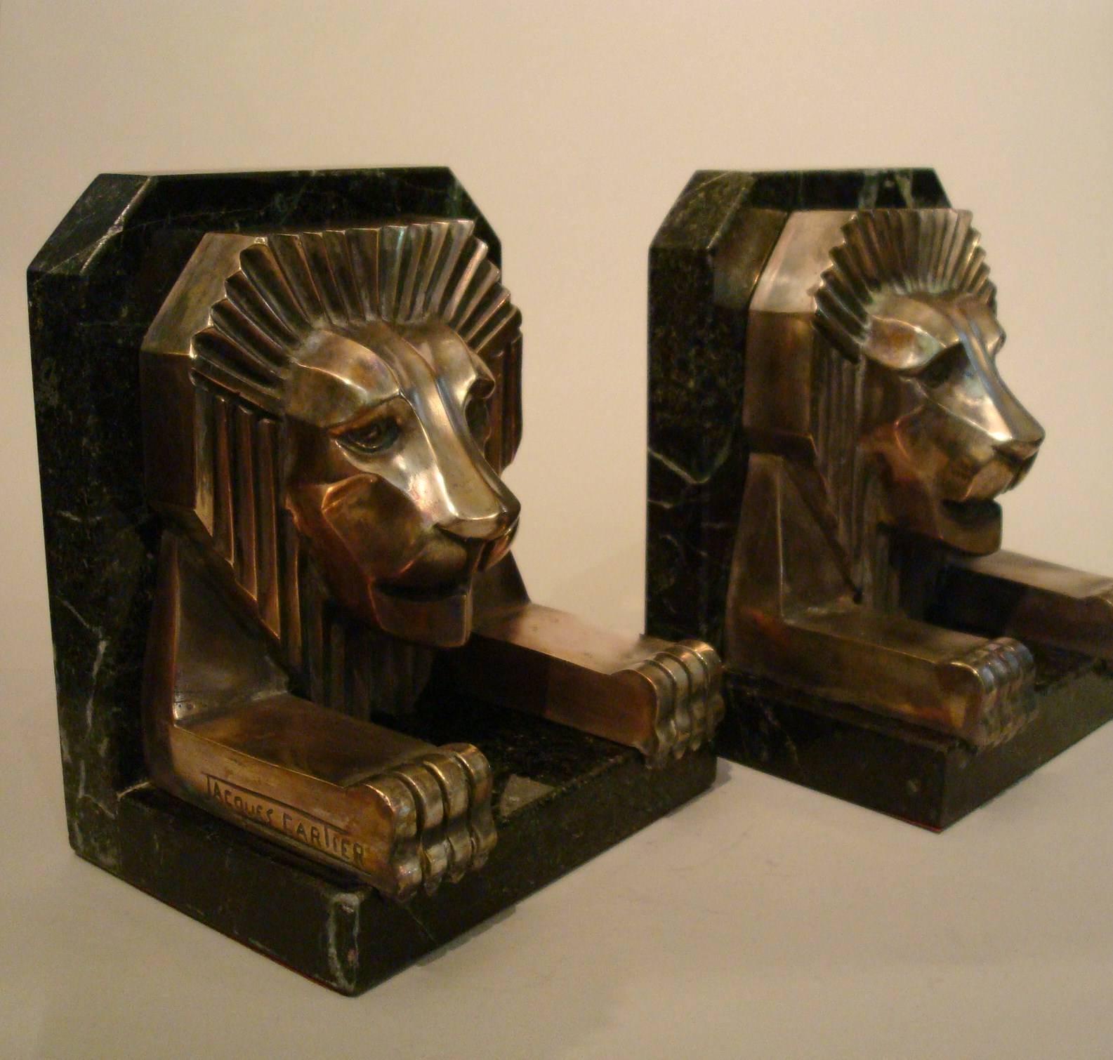 Art Deco Bronze and Marble Lion Bookends, Jacques Cartier, France, 1925 2