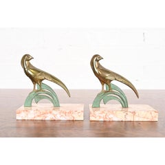 Paire de serre-livres Art Déco en bronze et marbre avec faisan
