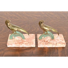 Art Deco Bronze and Marble Pheasant Bookends, Pair